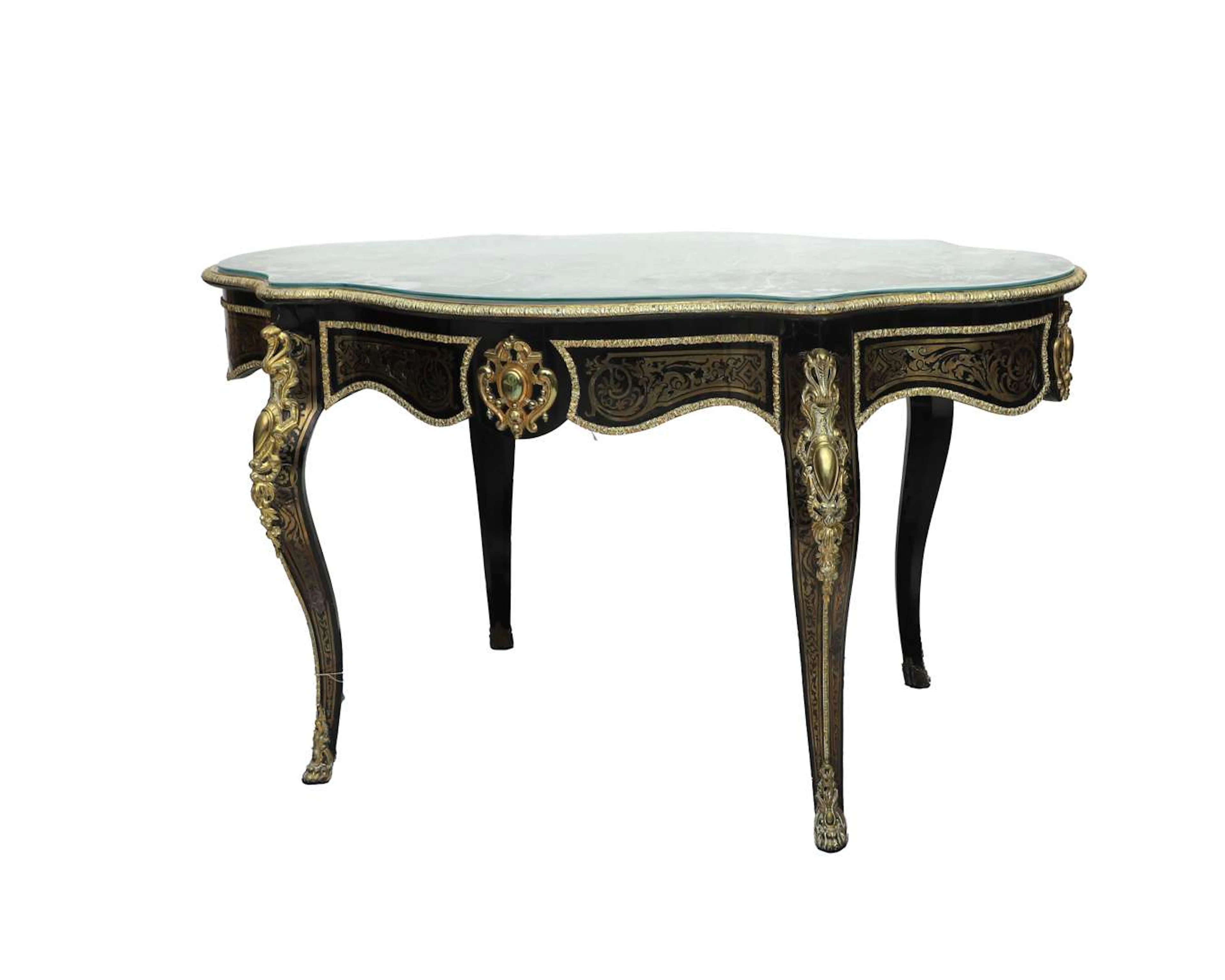 A blackened wooden violin-shaped table with a drawer. Napoleon III