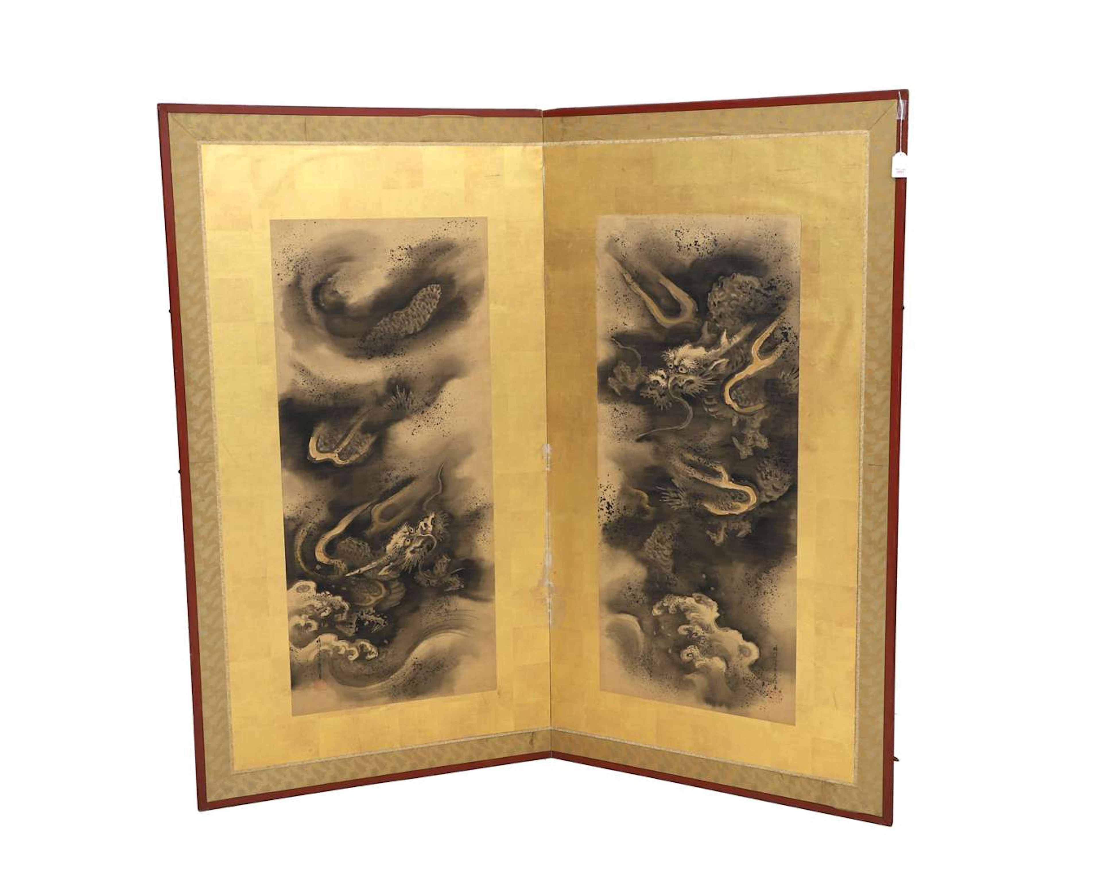 A two-panel folding screen featuring a wash-ink drawing of dragons