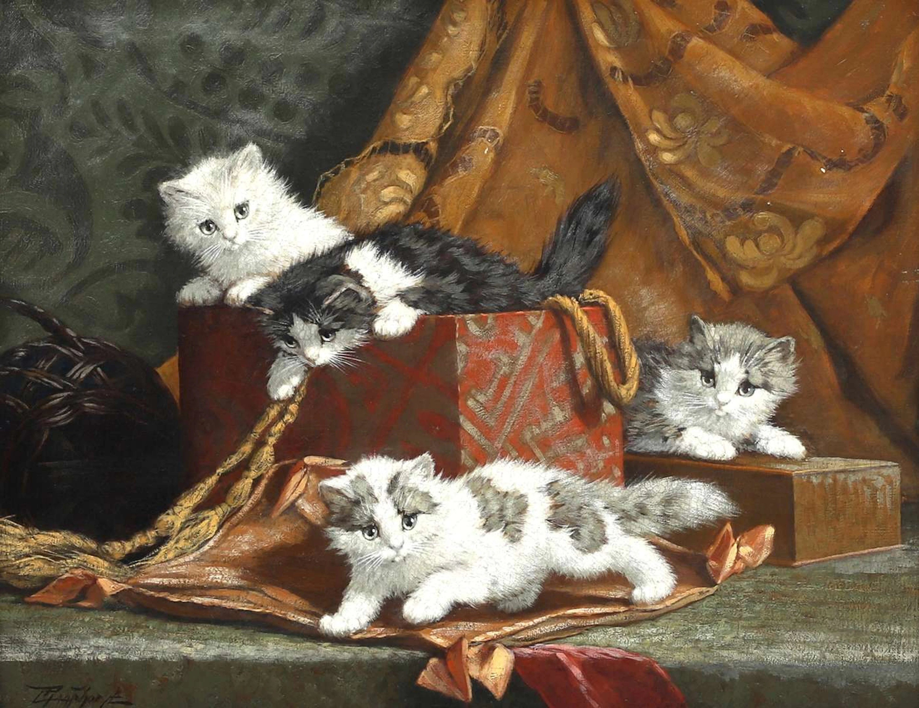 Cornelis Raaphorst (1875–1954), Four kittens playing in a box