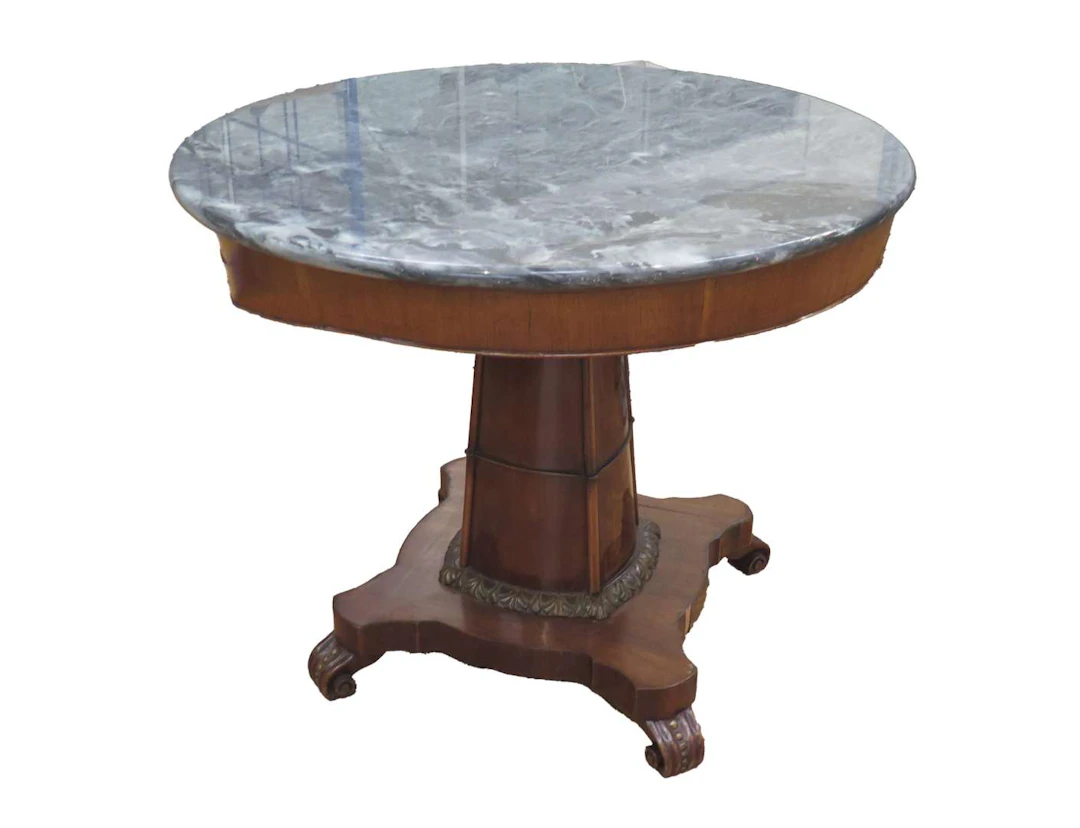A mahogany coffee table with four chairs and an armchair, Holland, 19th century