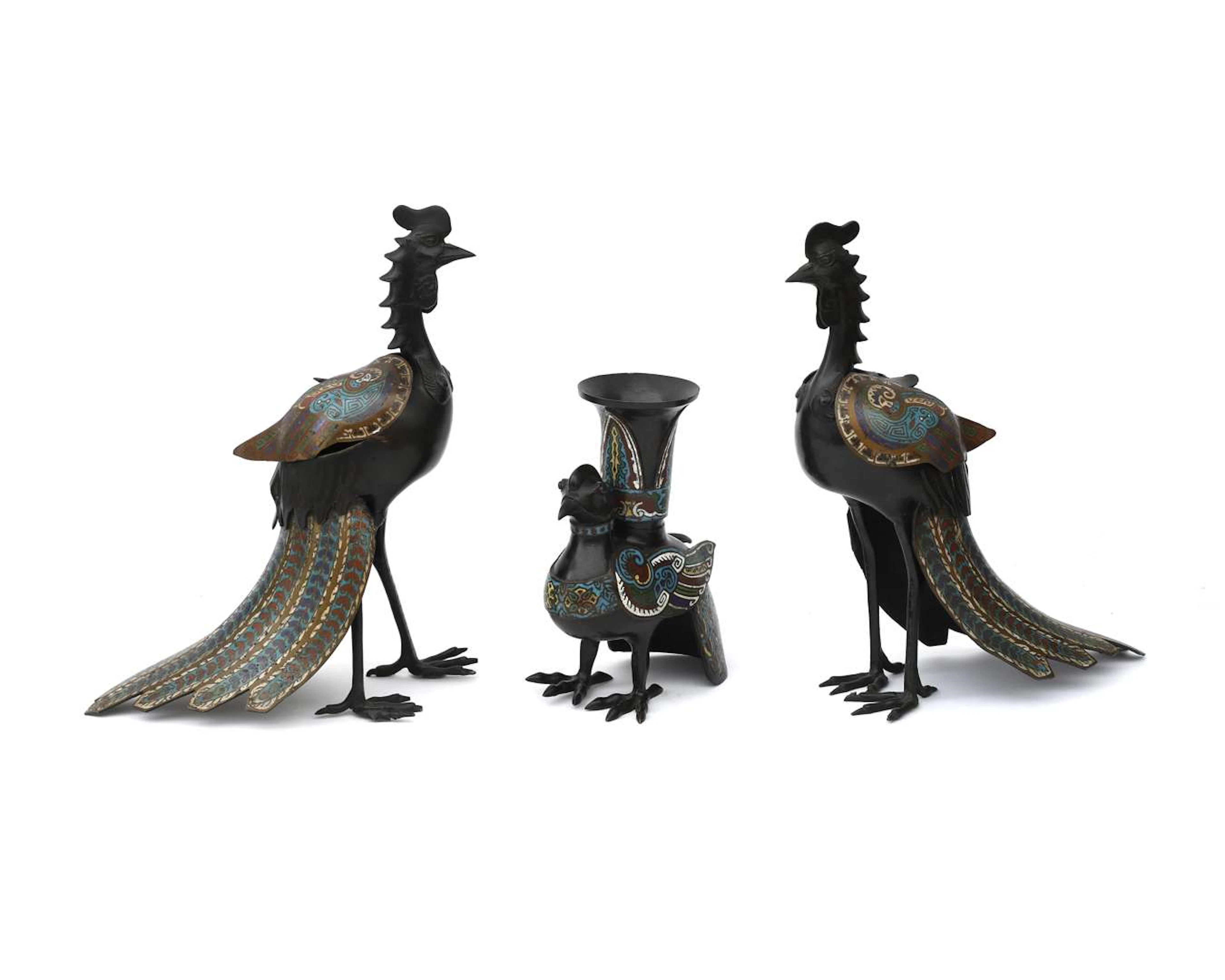 Three bronze cloisonné birds, China, 19th century