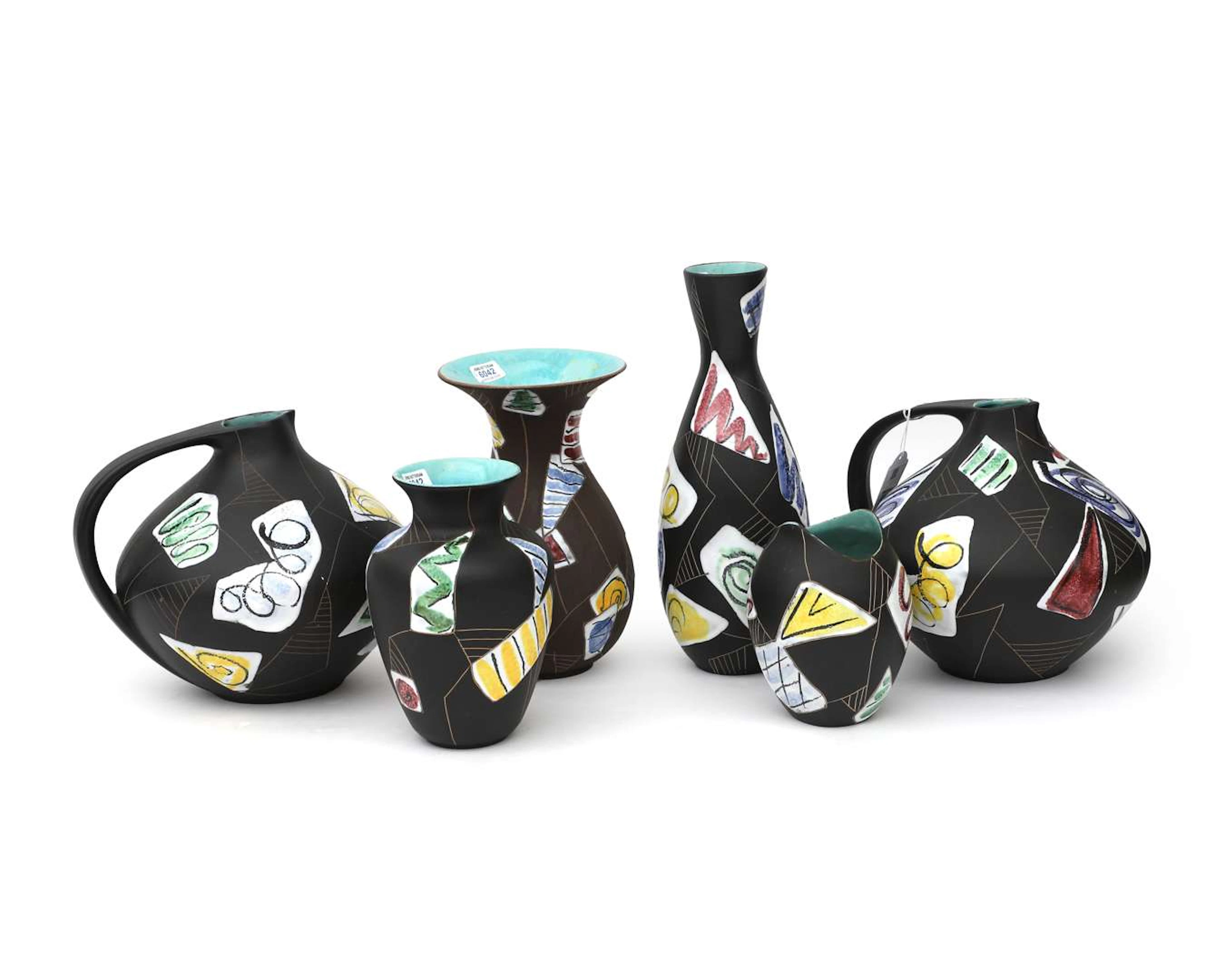 Six coloured ceramic vases and similar items. Hans Welling for Ruscha