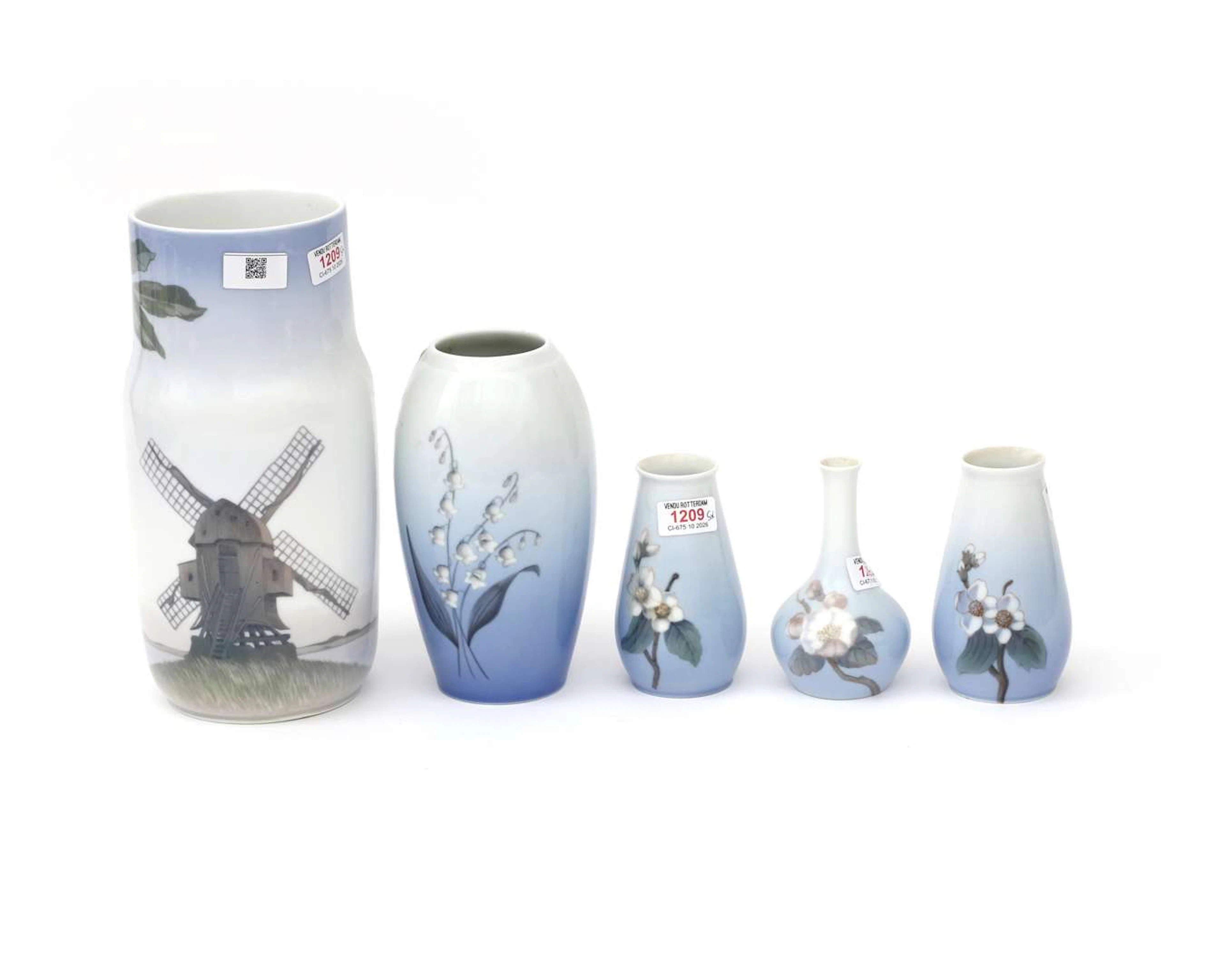 Five porcelain vases, manufactured by B & G (Bing & Grøndahl), Denmark