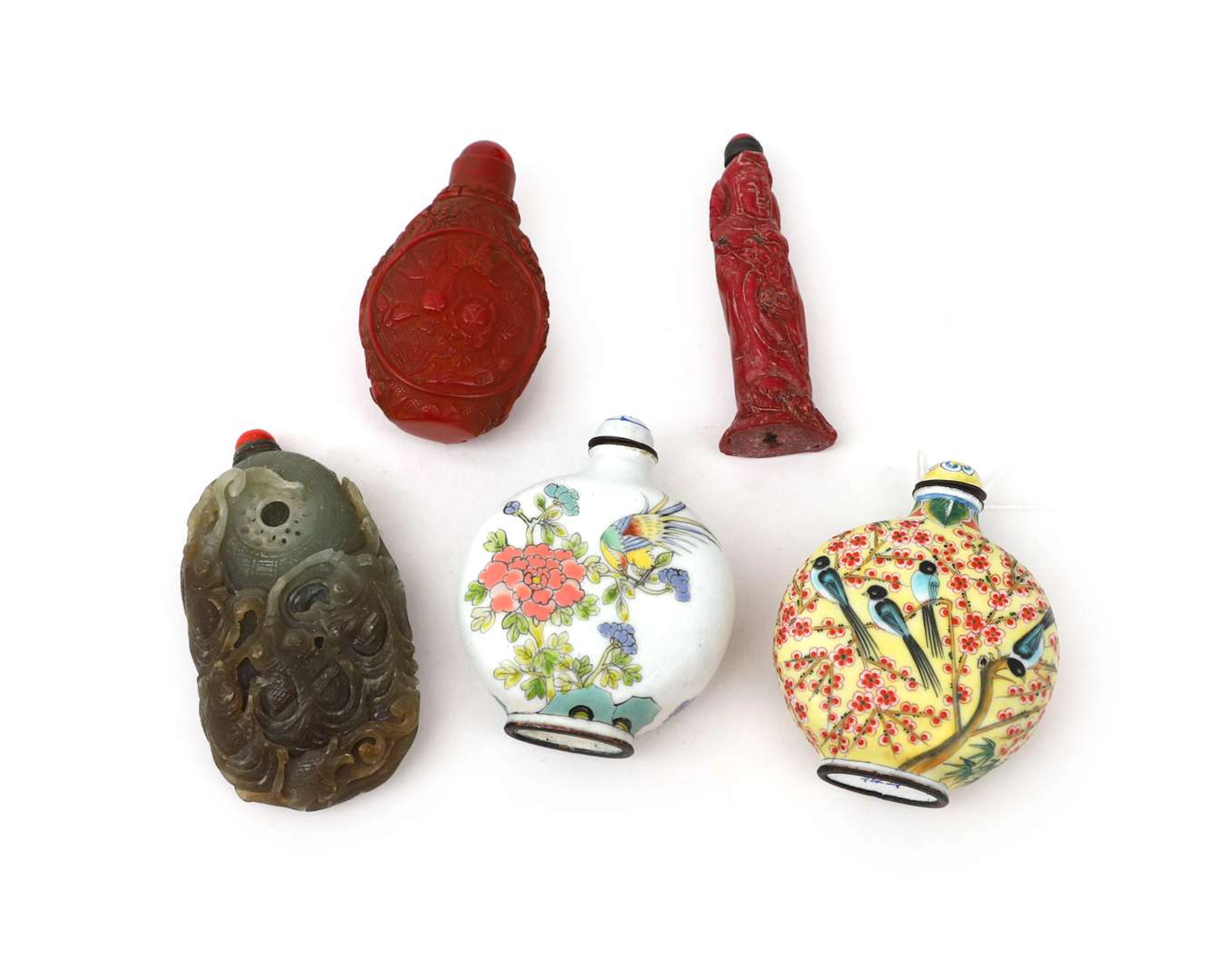 Five assorted snuff bottles. Asia, 20th century