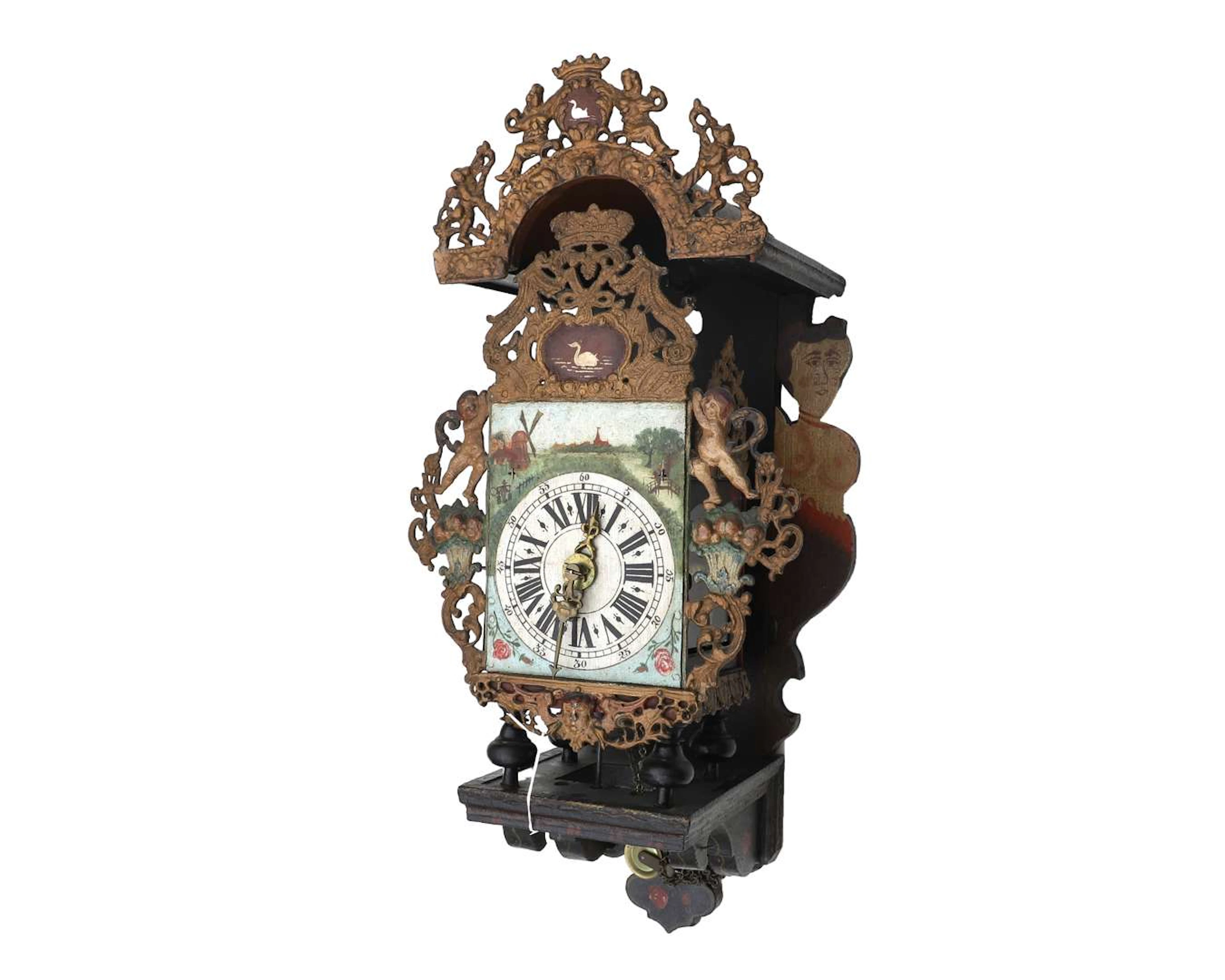 A polychrome painted wooden chair clock, Holland, 19th century
