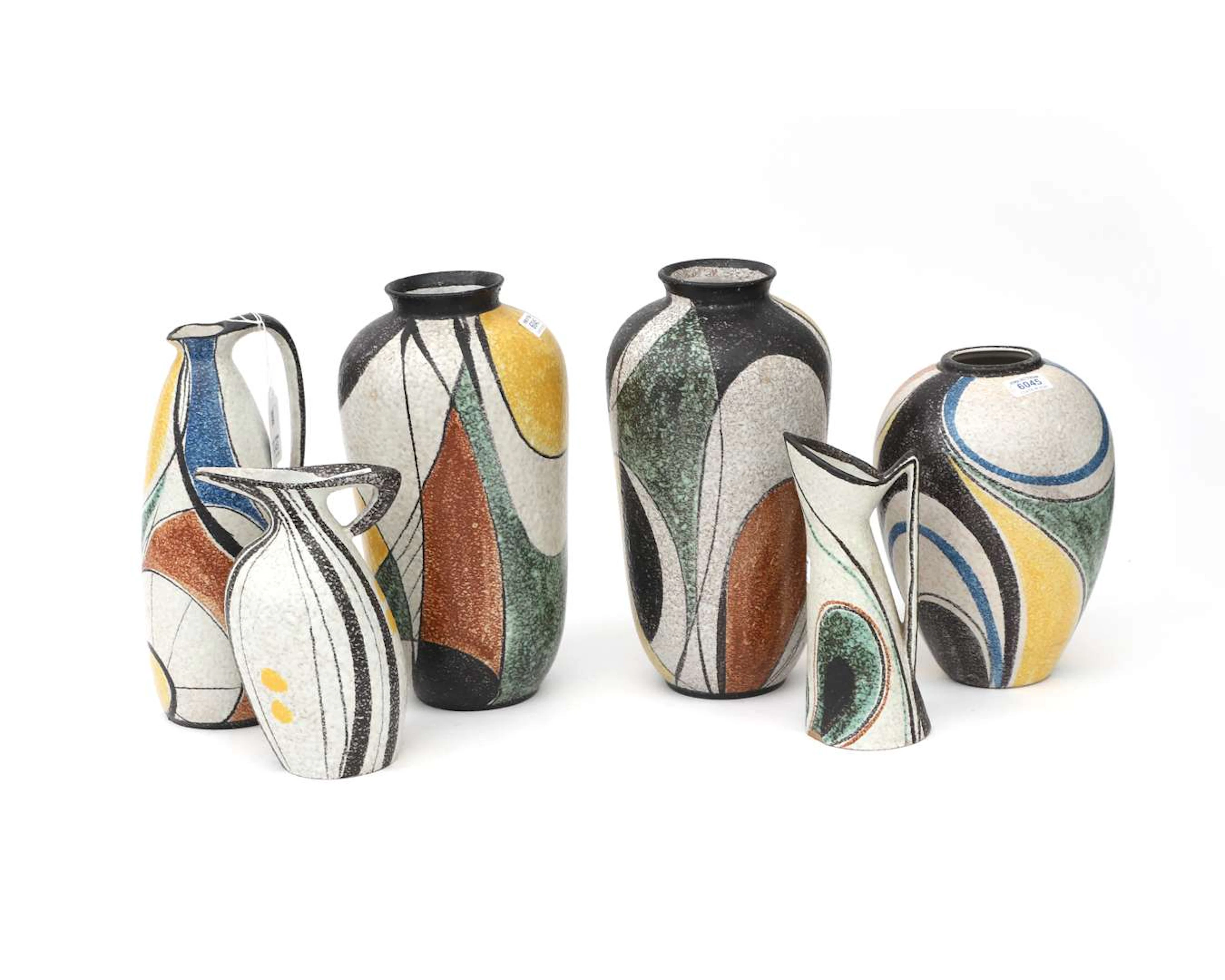Three coloured ceramic vases and three jugs. Design: ‘Milano’ by Cilli