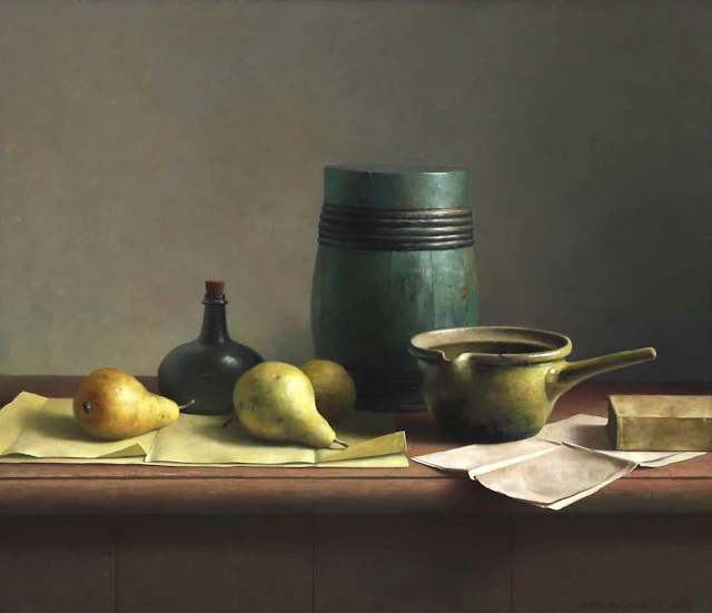 Henk Helmantel (1945), Still Life with Pears, a Bottle and a Small Barrel