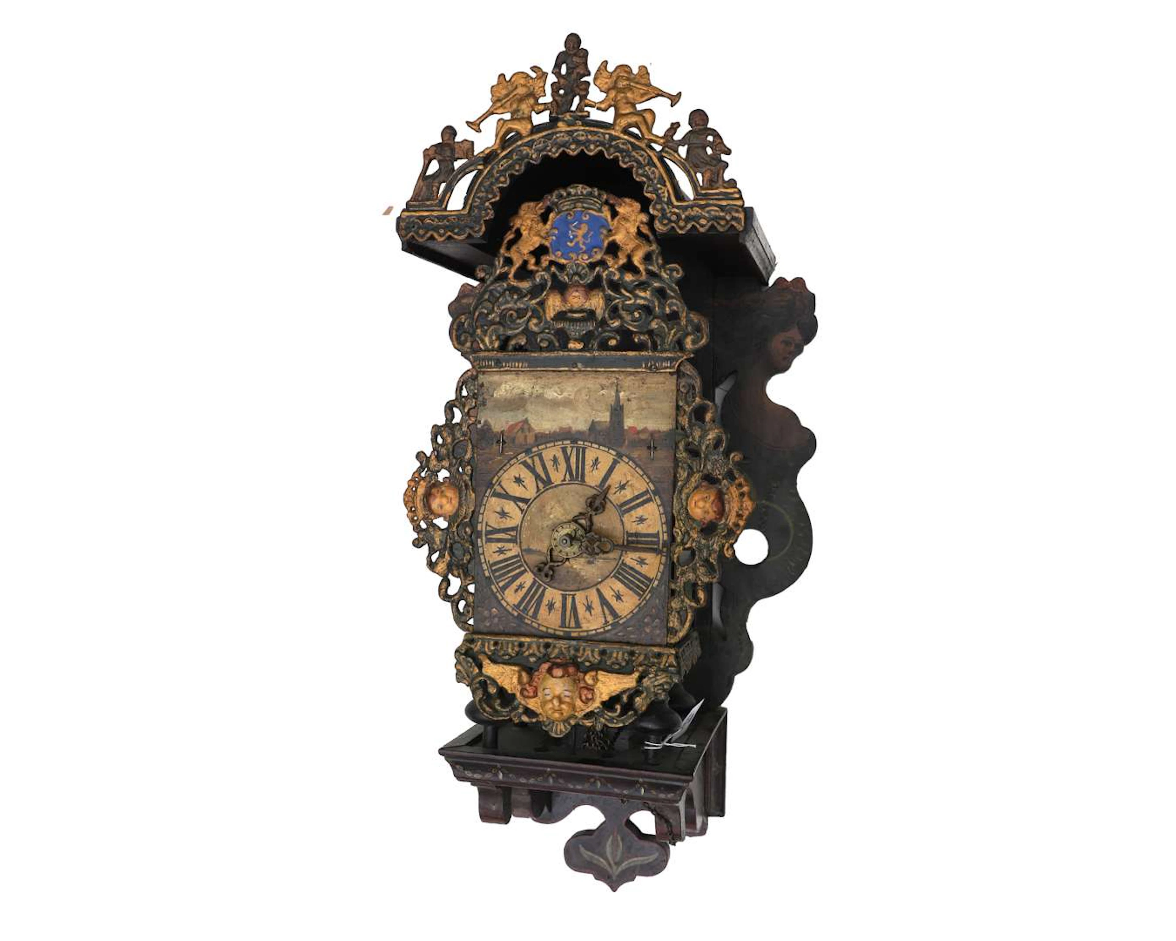 A polychrome painted wooden chair clock, Holland, 19th century