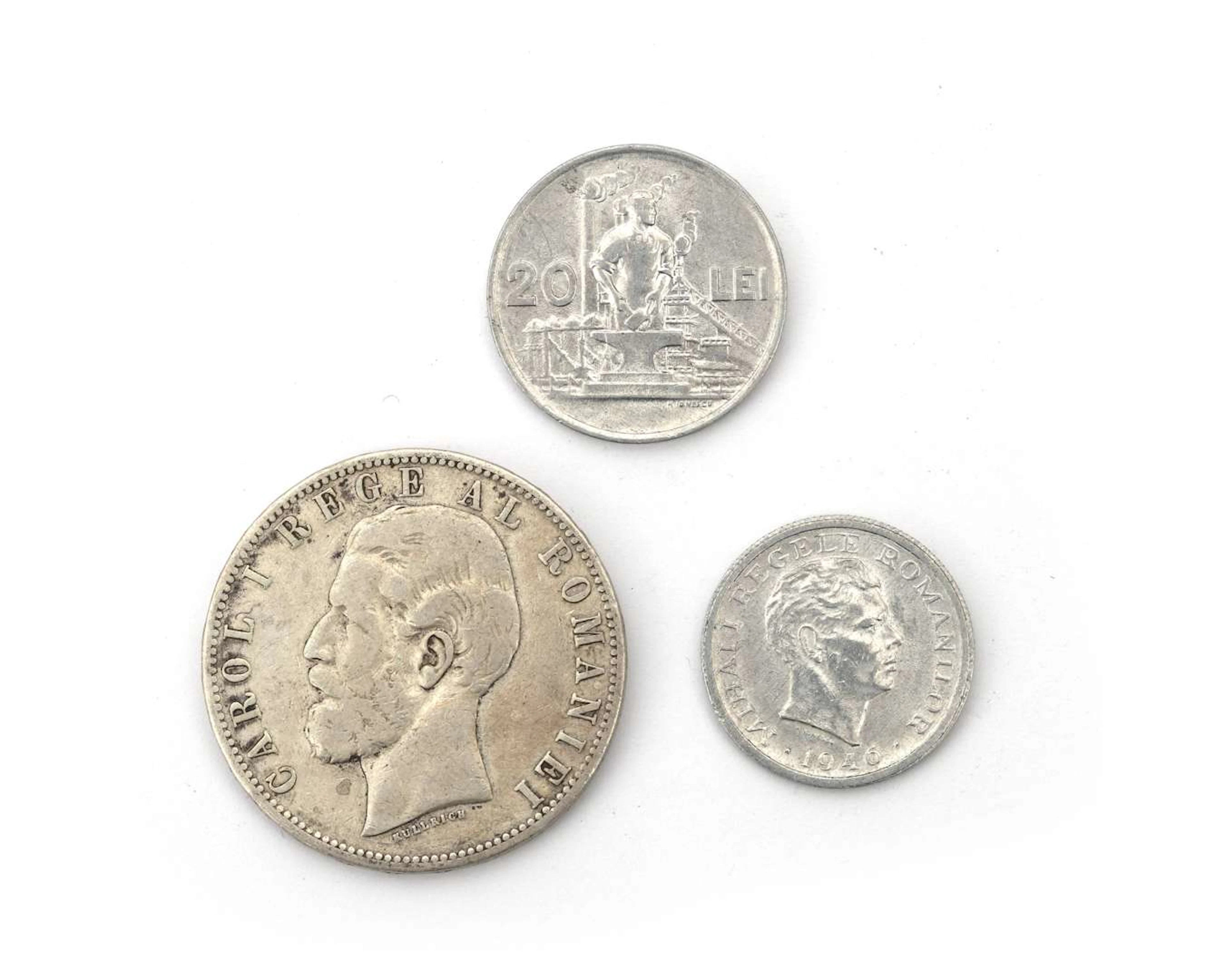 Three coins including one silver, 5, 20 and 500 lei, King Carol I