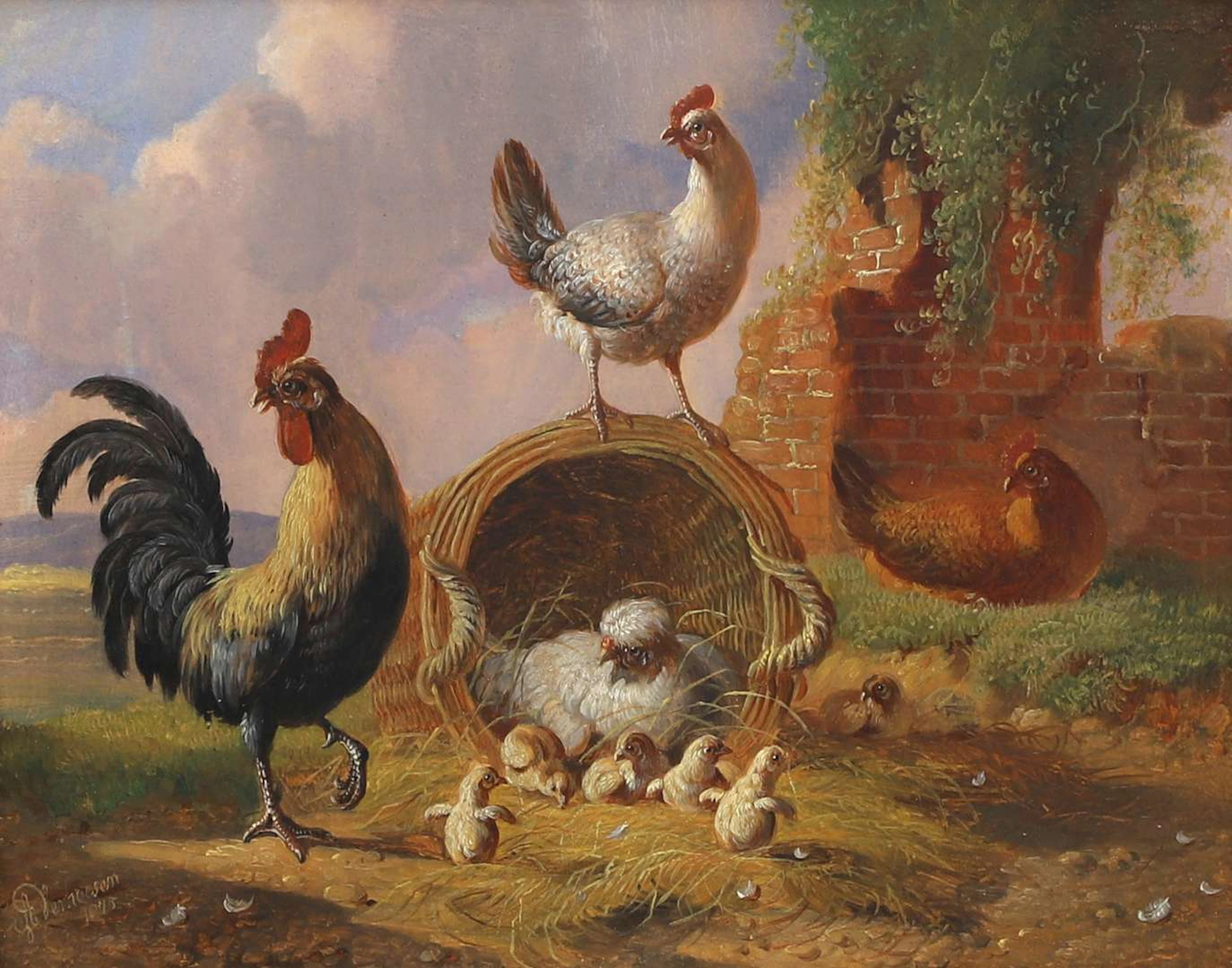 Albertus Verhoesen (1806–1881), A rooster, hens and chicks near an