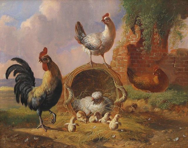 Albertus Verhoesen (1806–1881), A rooster, hens and chicks near an