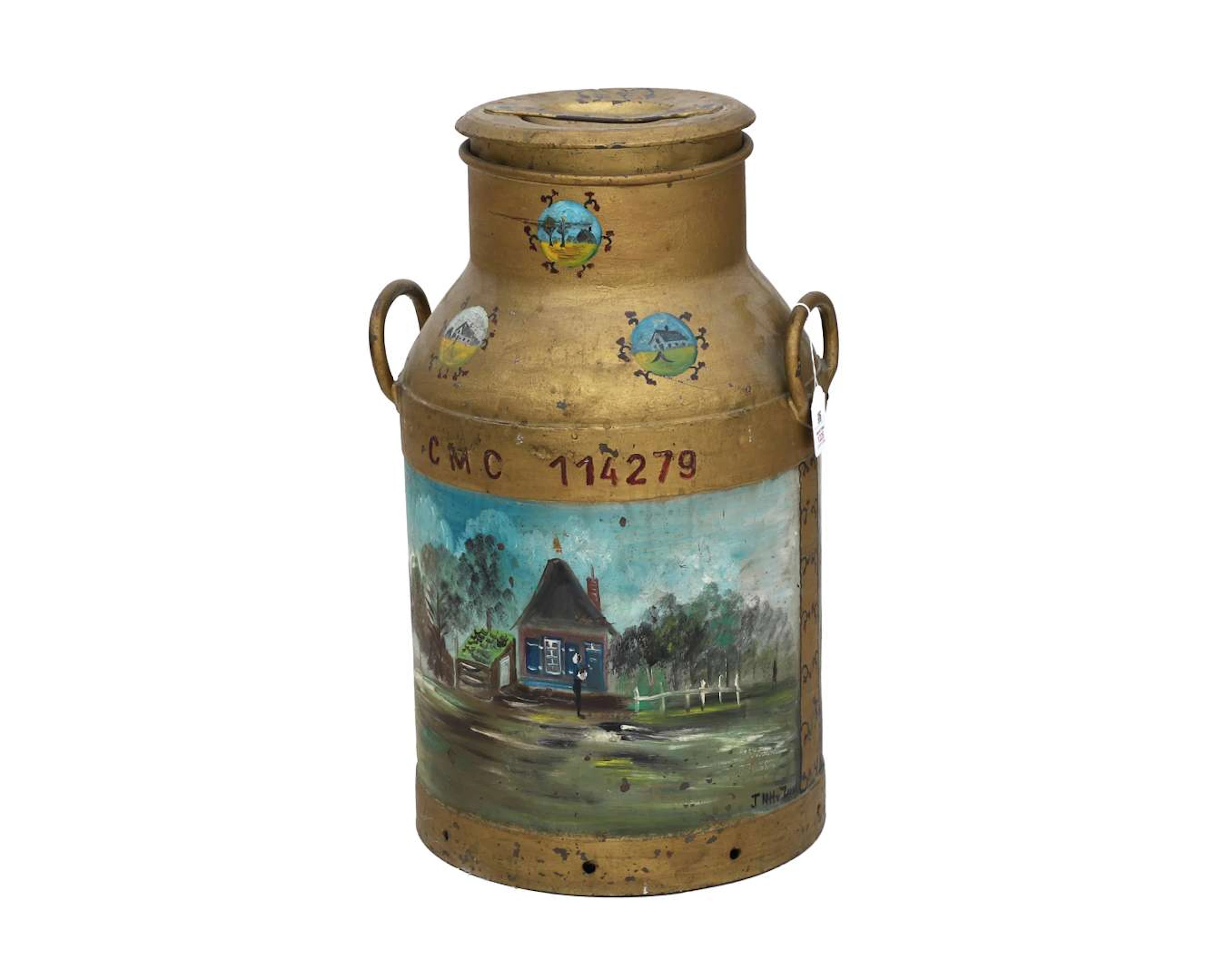 A painted metal milk churn. Depicting a house by the water. Inscription: