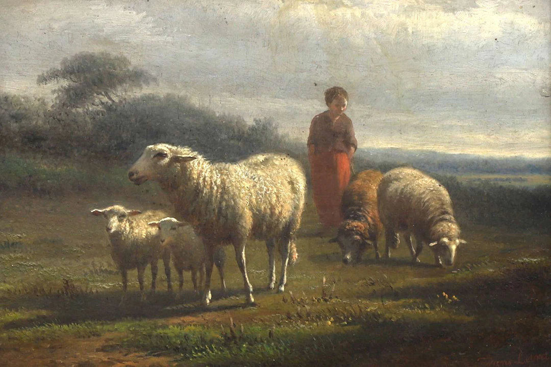 Frans Lebret (1820–1909), Shepherdess with Grazing Sheep