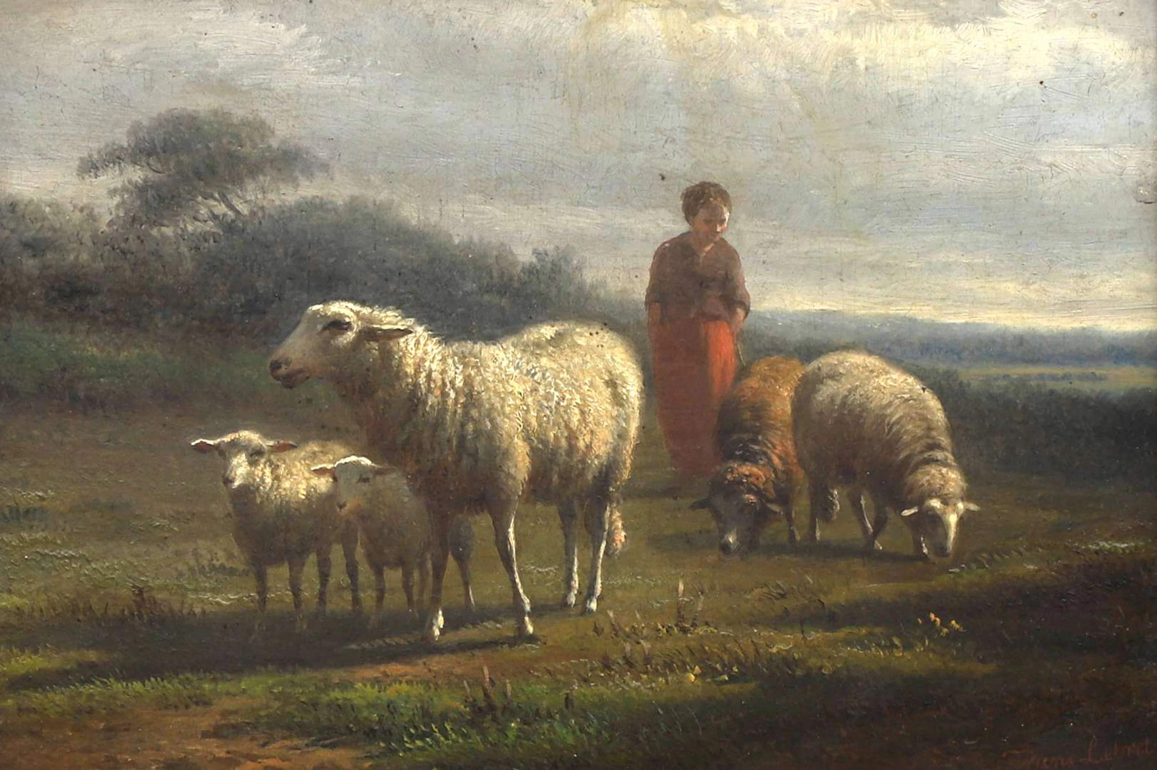Frans Lebret (1820–1909), Shepherdess with Grazing Sheep