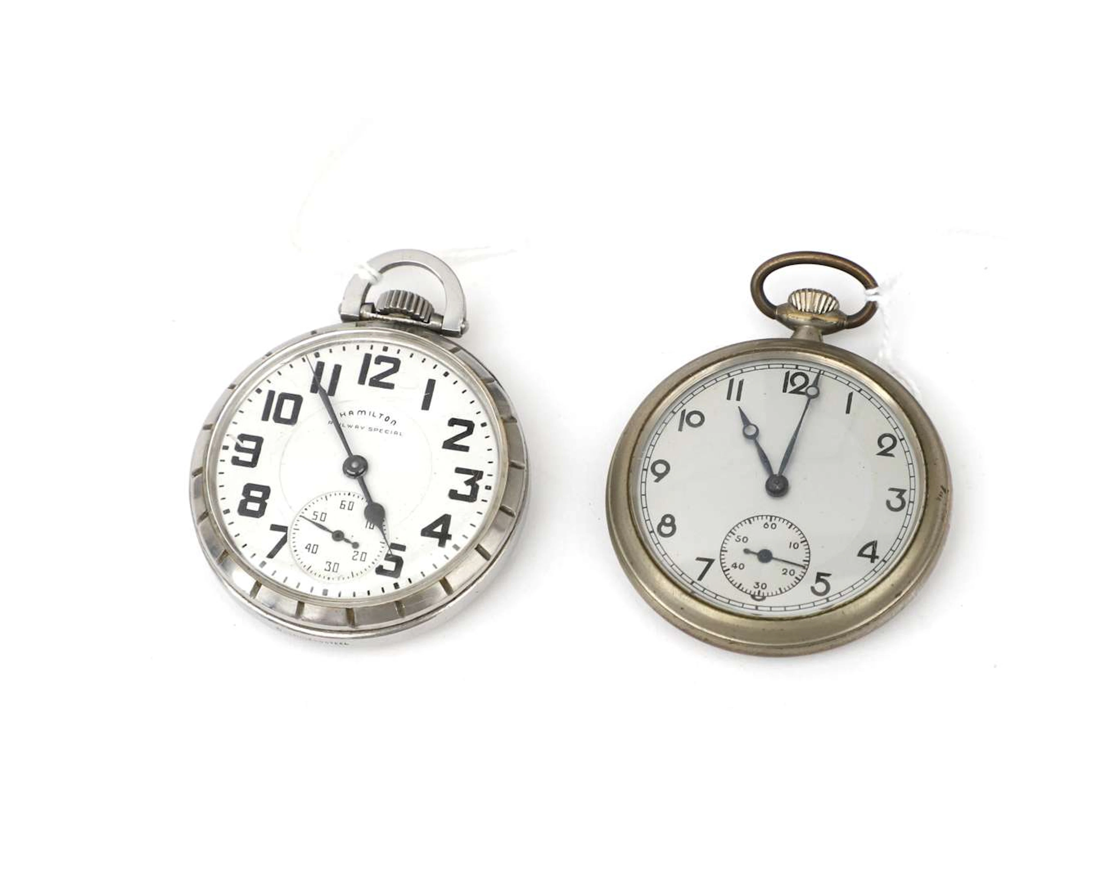 Two pocket watches made from different metals, including a Hamilton