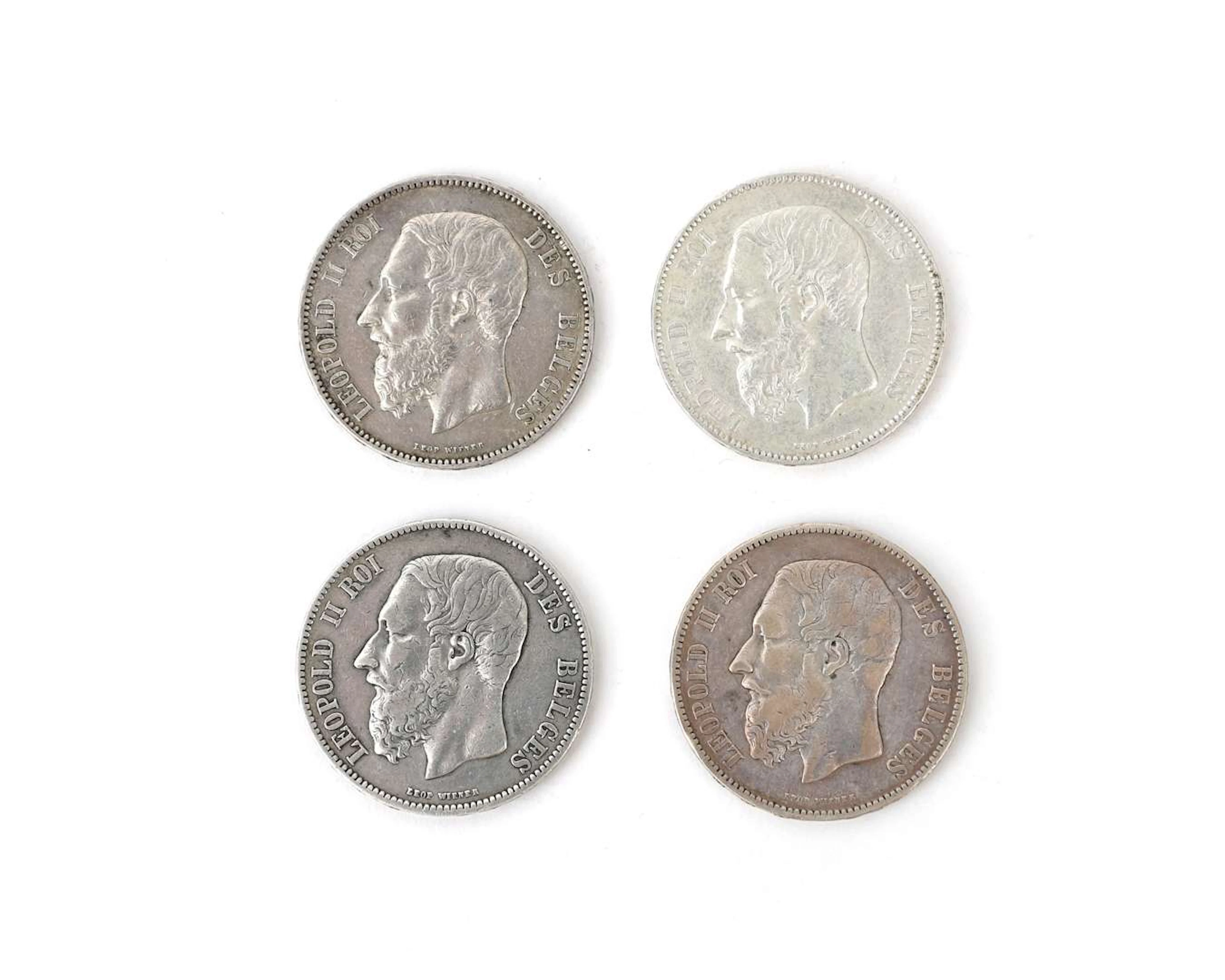 Four silver coins, 5 francs, Belgium, 19th century