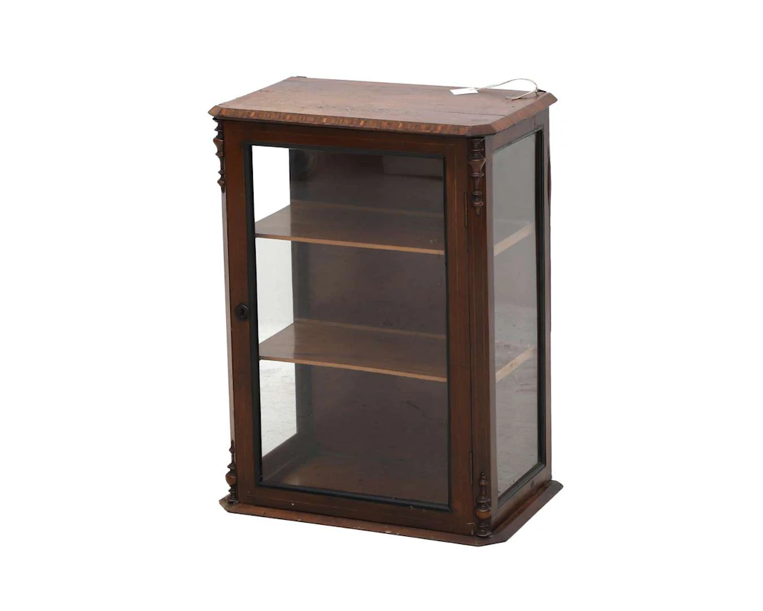 A display cabinet decorated with marquetry and spindles, 19th century