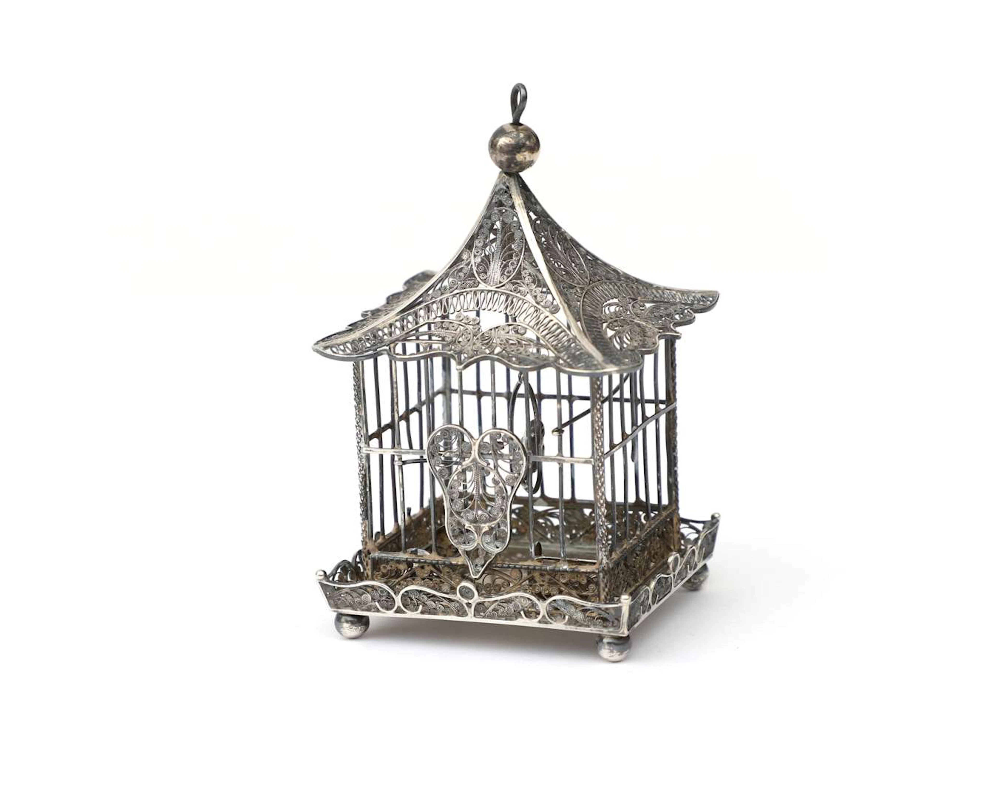 A silver miniature filigree birdcage, Holland or the Dutch East Indies