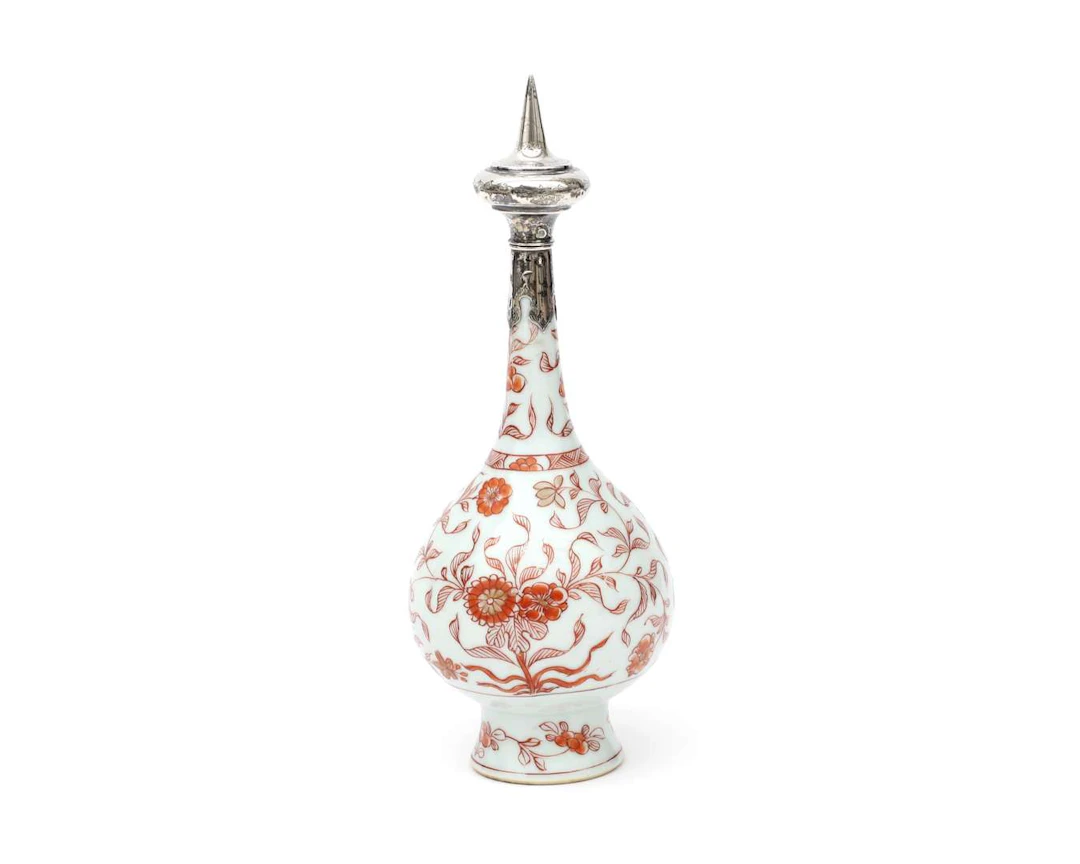 A porcelain rosewater sprinkler with a silver mount, China, Kangxi