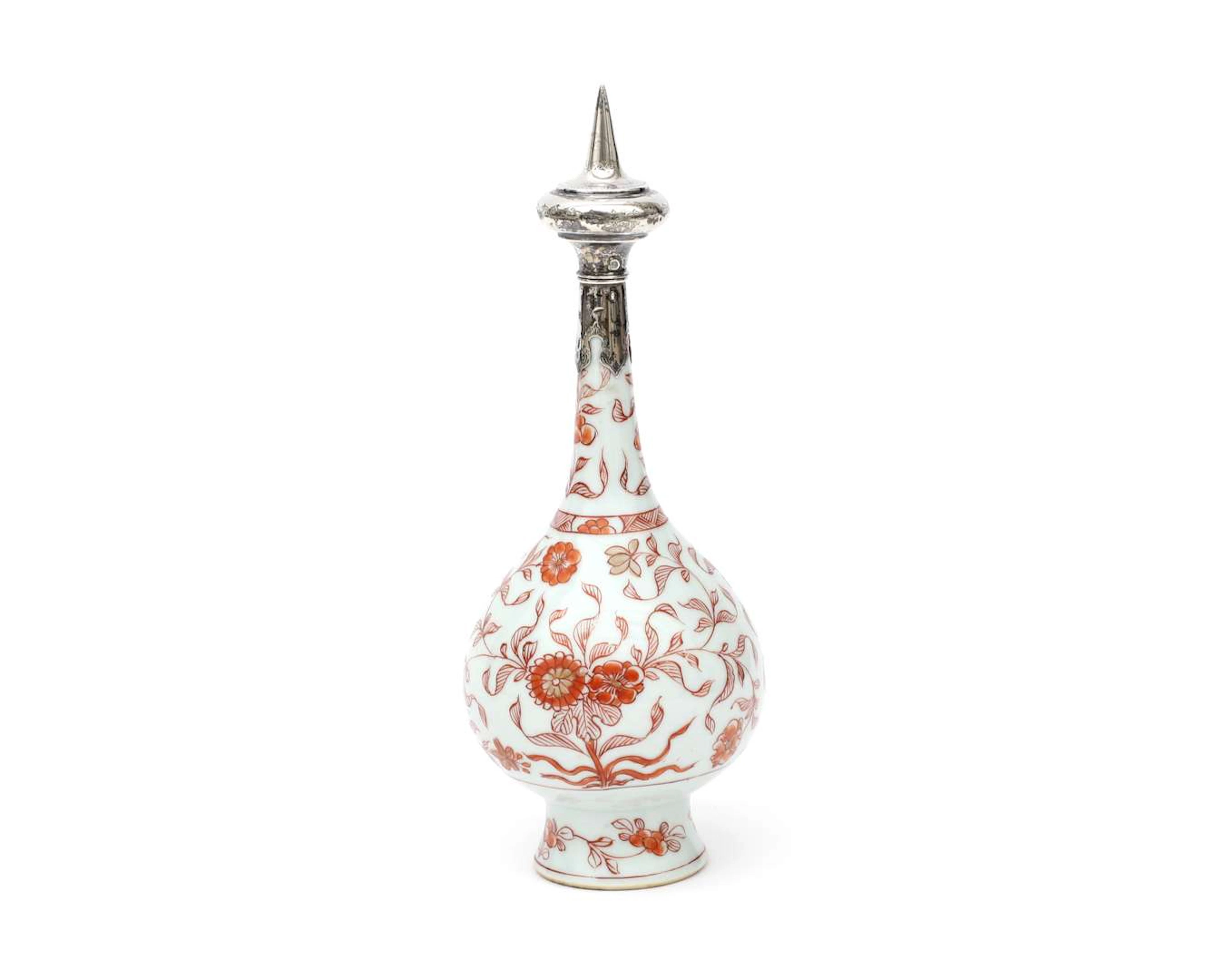 A porcelain rosewater sprinkler with a silver mount, China, Kangxi