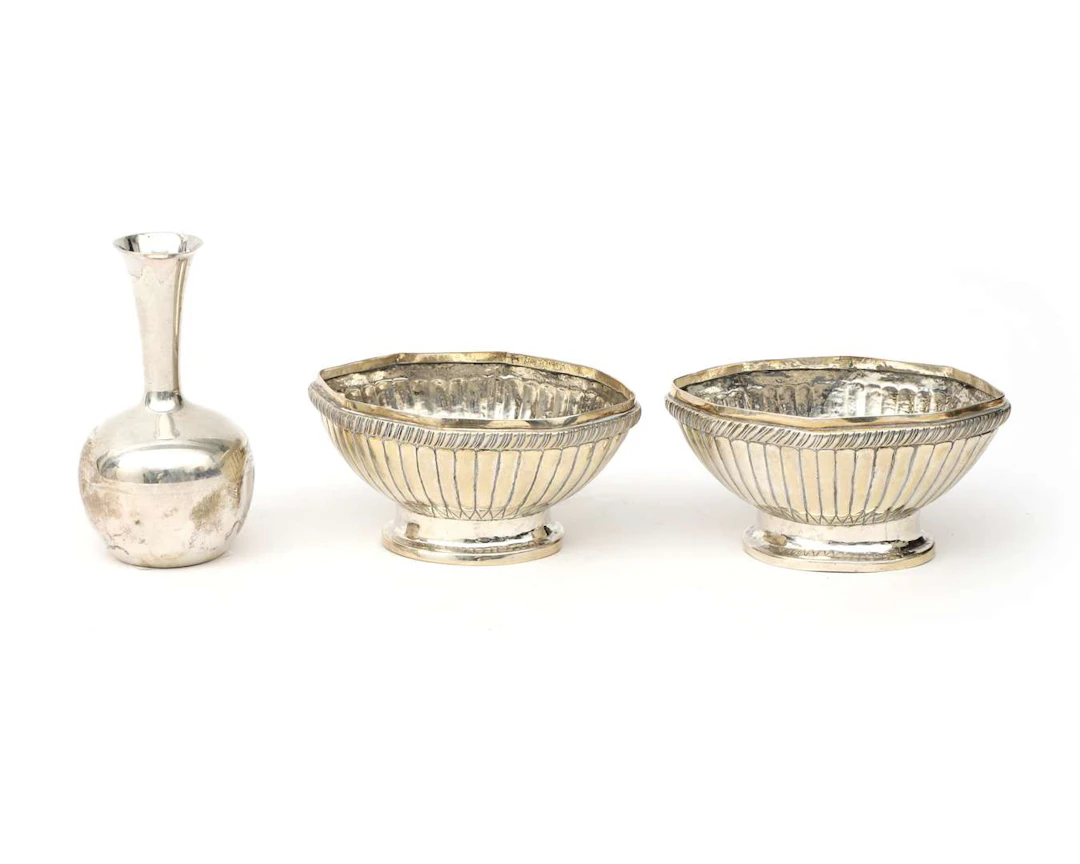 Two silver bowls and a small vase, 20th century