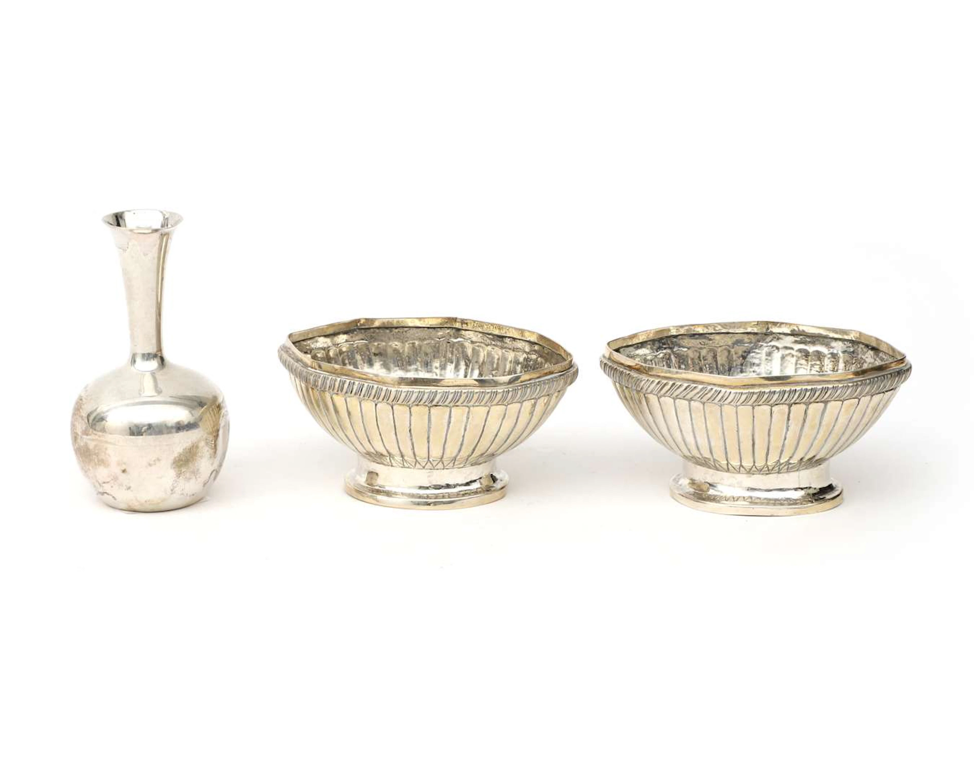 Two silver bowls and a small vase, 20th century
