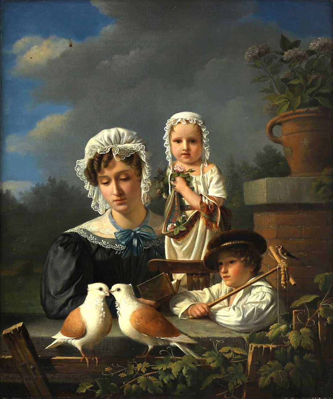 Henri Voordecker (1779–1861), Woman with Two Children and Pigeons