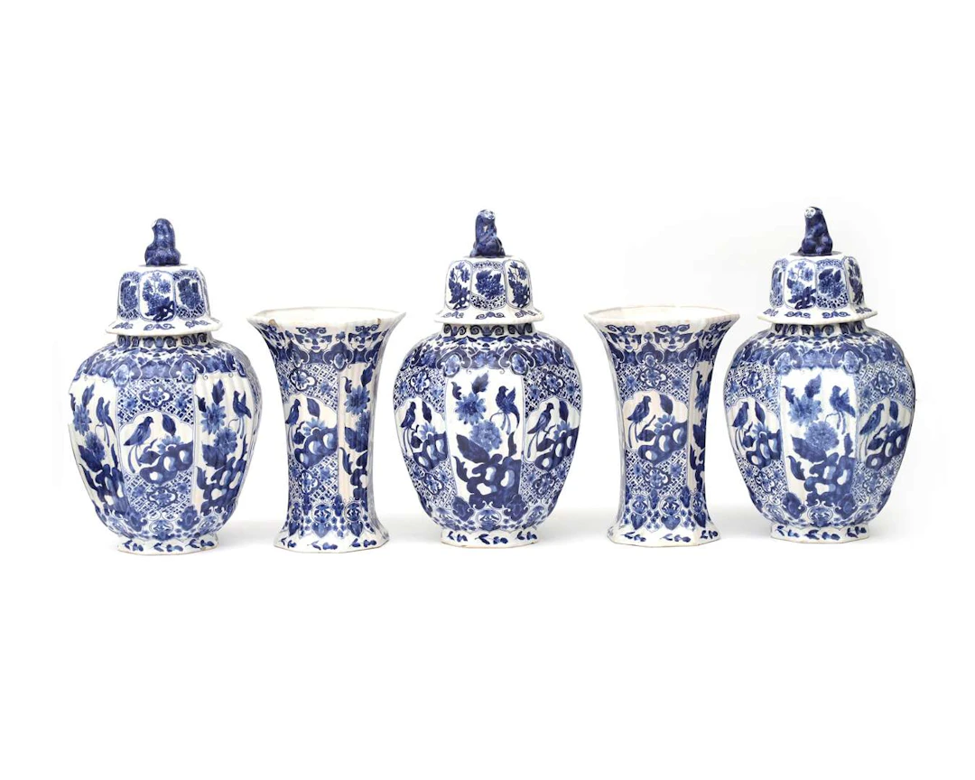 A five-piece earthenware cabinet set, probably from France, 19th/20th century