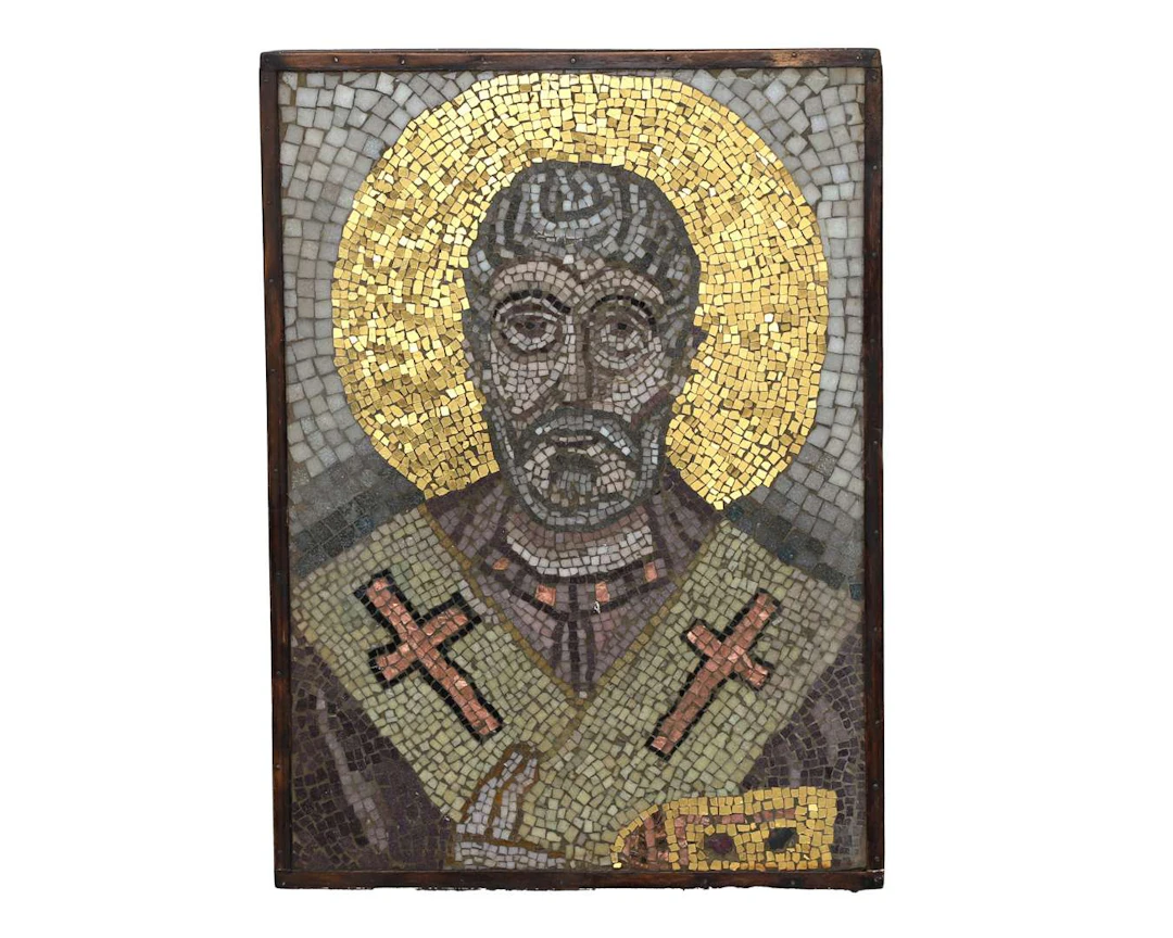 A framed stone mosaic. A Byzantine saint