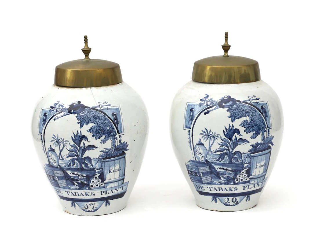 Two earthenware tobacco jars, made by: De Drie Klokken, Holland, Delft