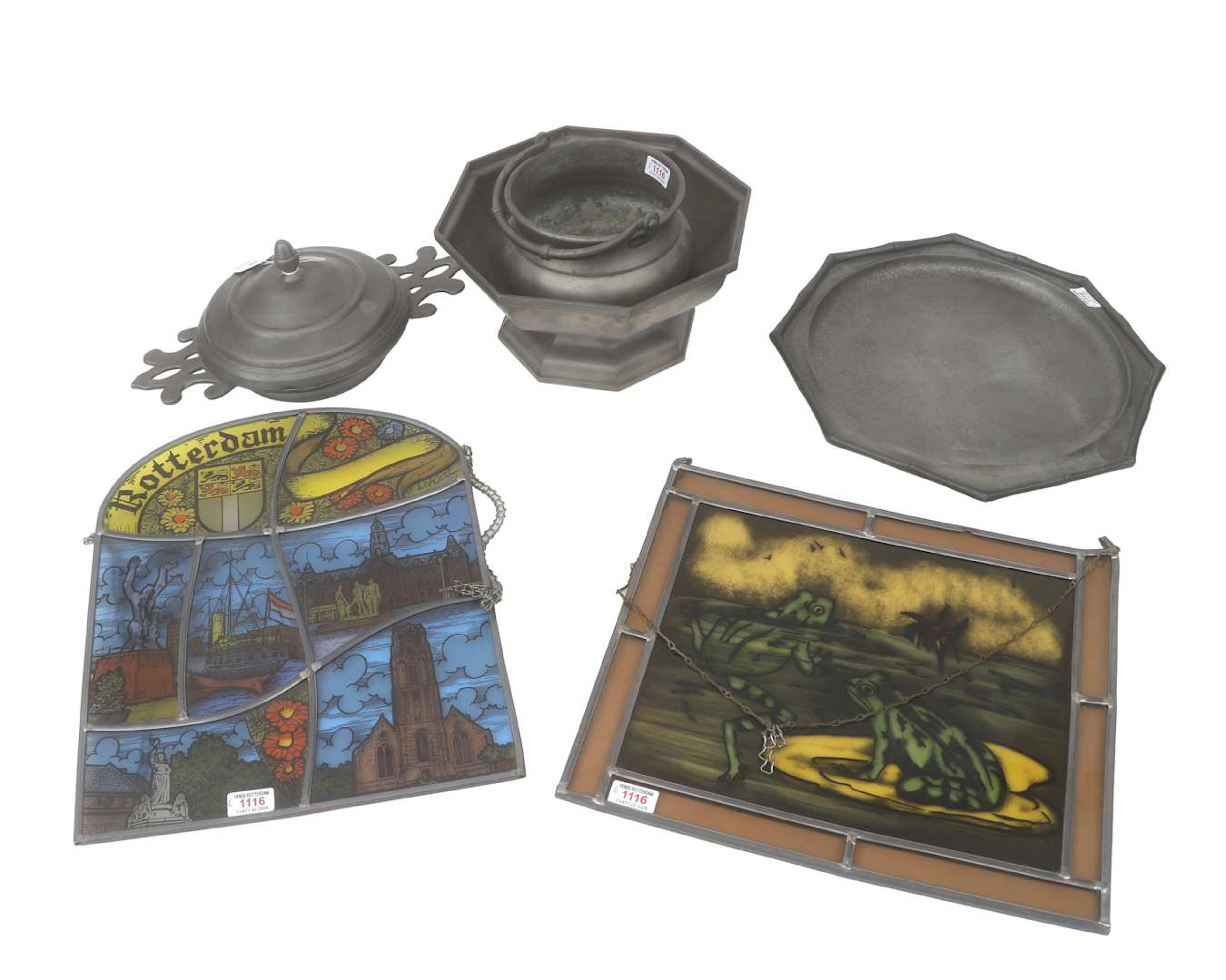 Four pieces of miscellaneous tin and two stained-glass windows