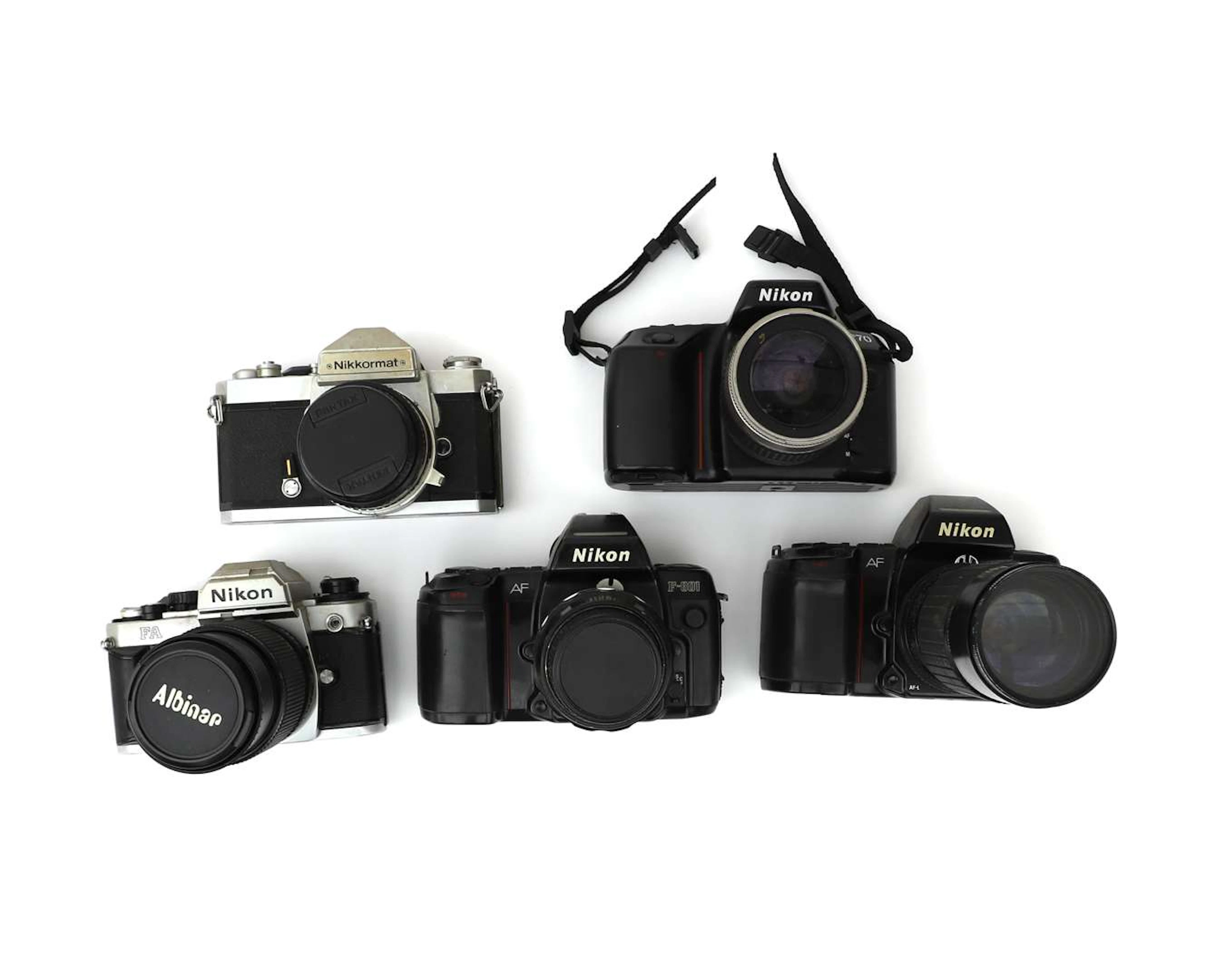 Five Nikon 35mm cameras