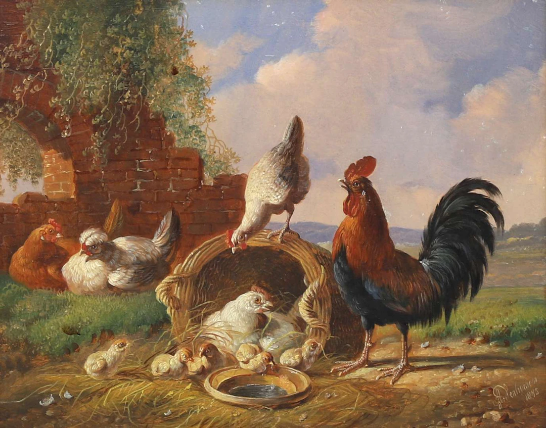 Albertus Verhoesen (1806–1881), A rooster, hens and chicks splashing