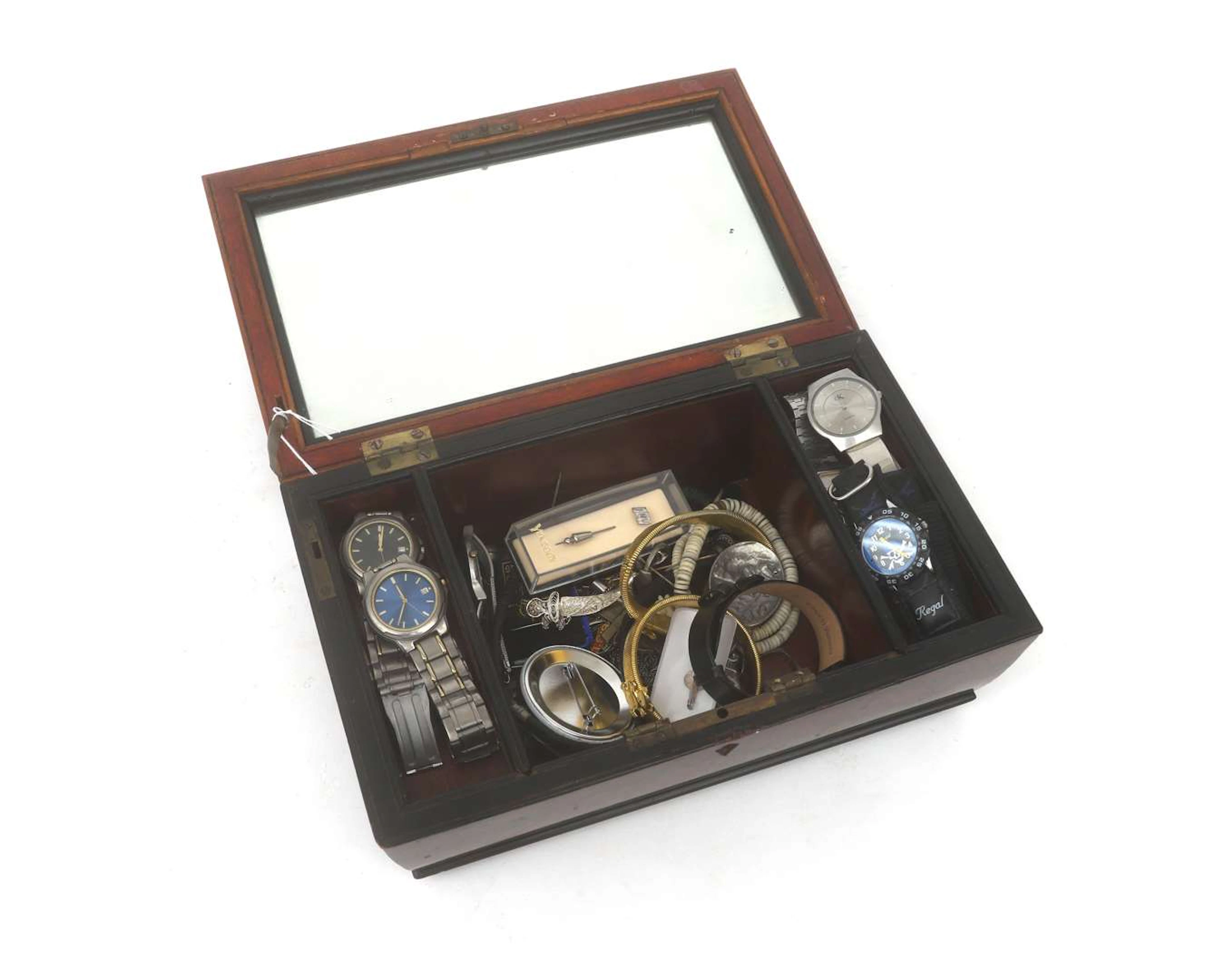 A wooden box with various bijoux and watches