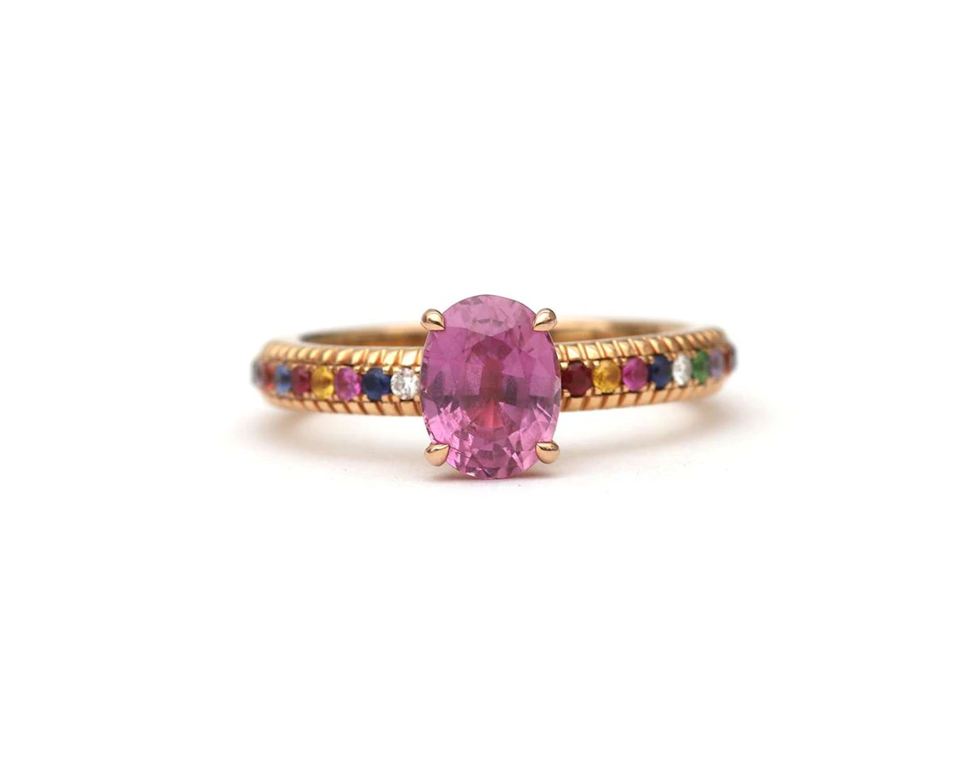 An 18k rose gold Fabergé ‘Colours of Love’ ring with a pink sapphire