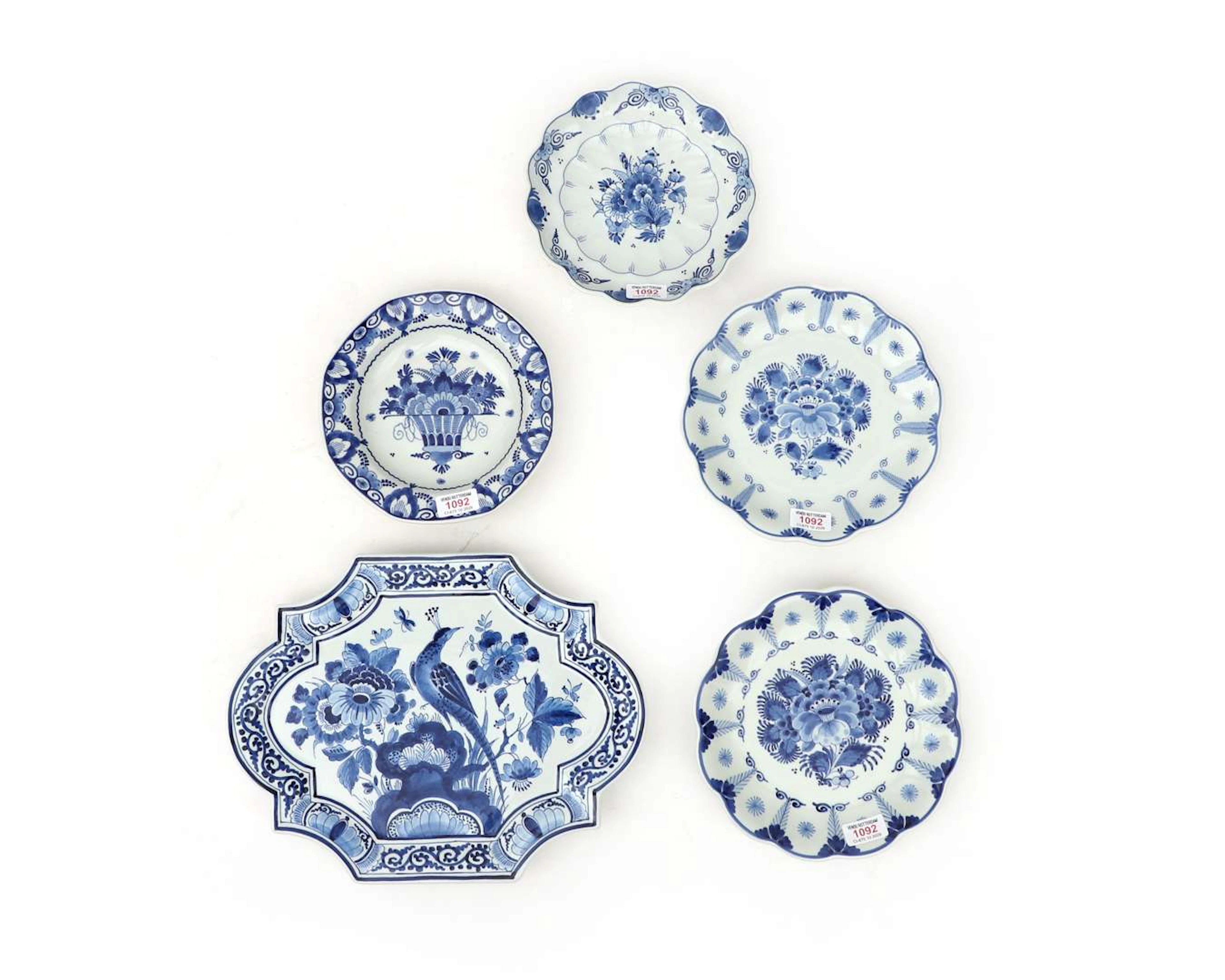 Five Delft Blue wall plates, De Porceleyne Fles, Delft, Holland, 20th century