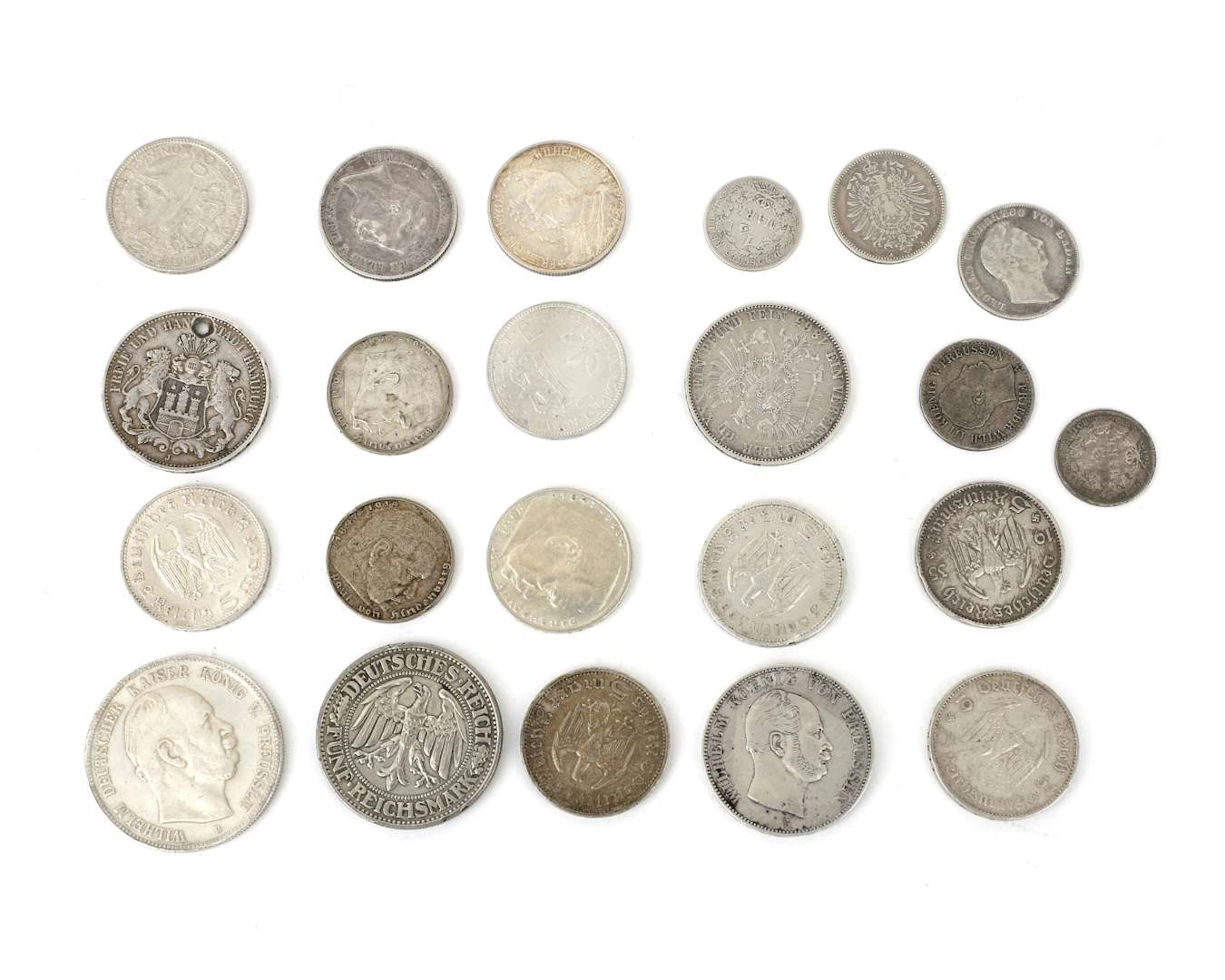 A collection of 21 silver coins and one other coin, Germany/Prussia/Belgium