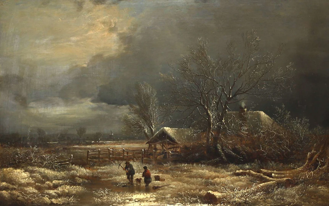Edward Williams (1782-1855), Winter landscape with walkers striking