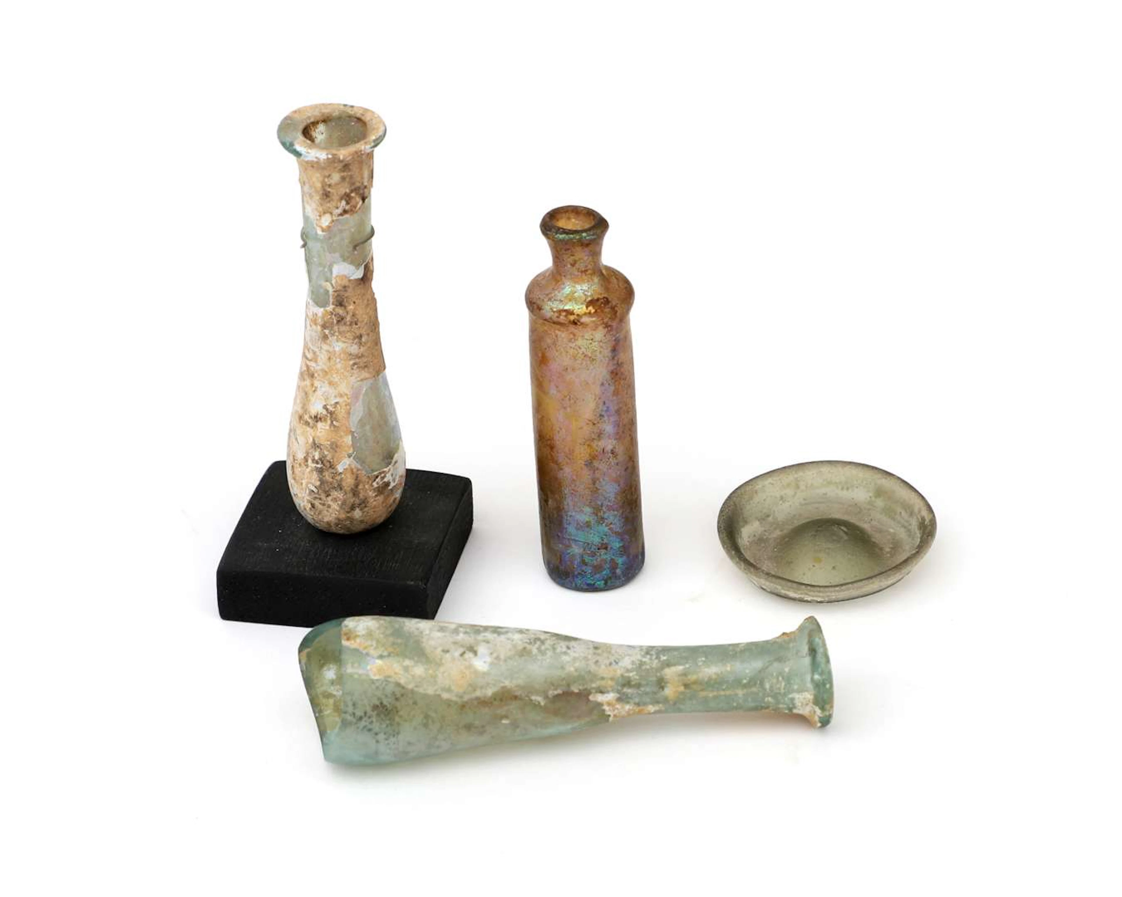 Three glass vials, including Roman Empire, 3rd century and later