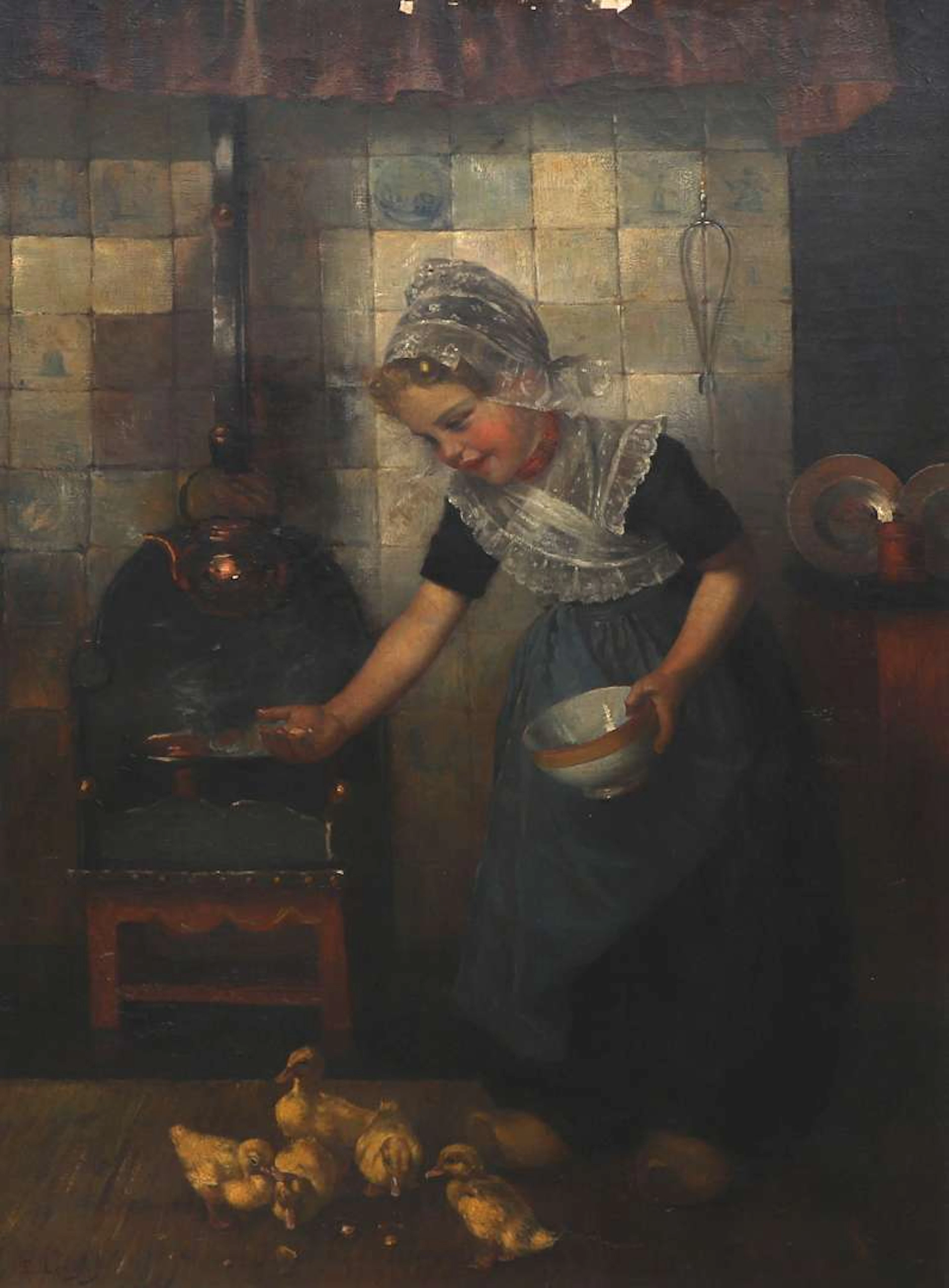 Edmond Louyot (1860–1920), Dutch interior with a girl in traditional dress