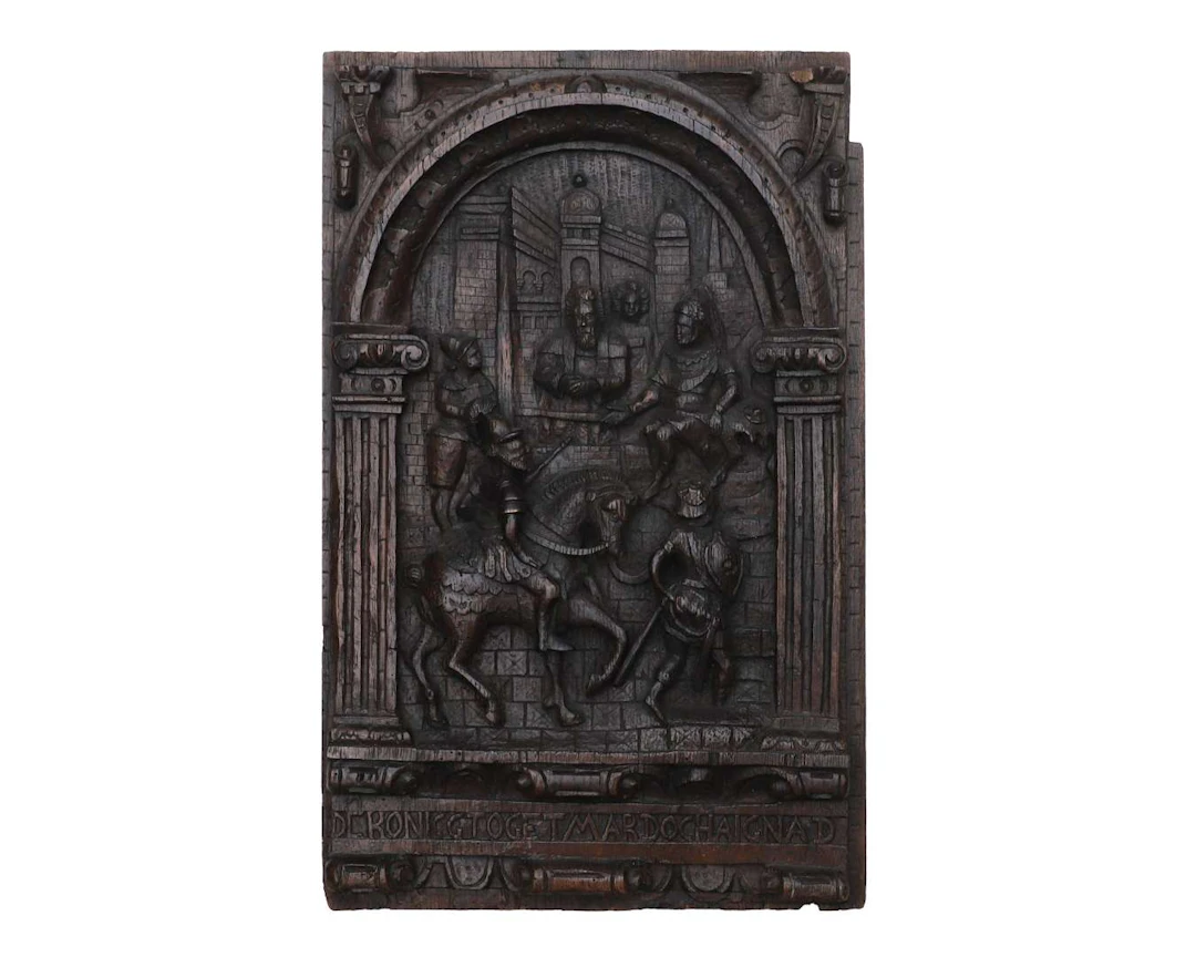 An oak woodcarving depicting a biblical scene, Holland, 17th century