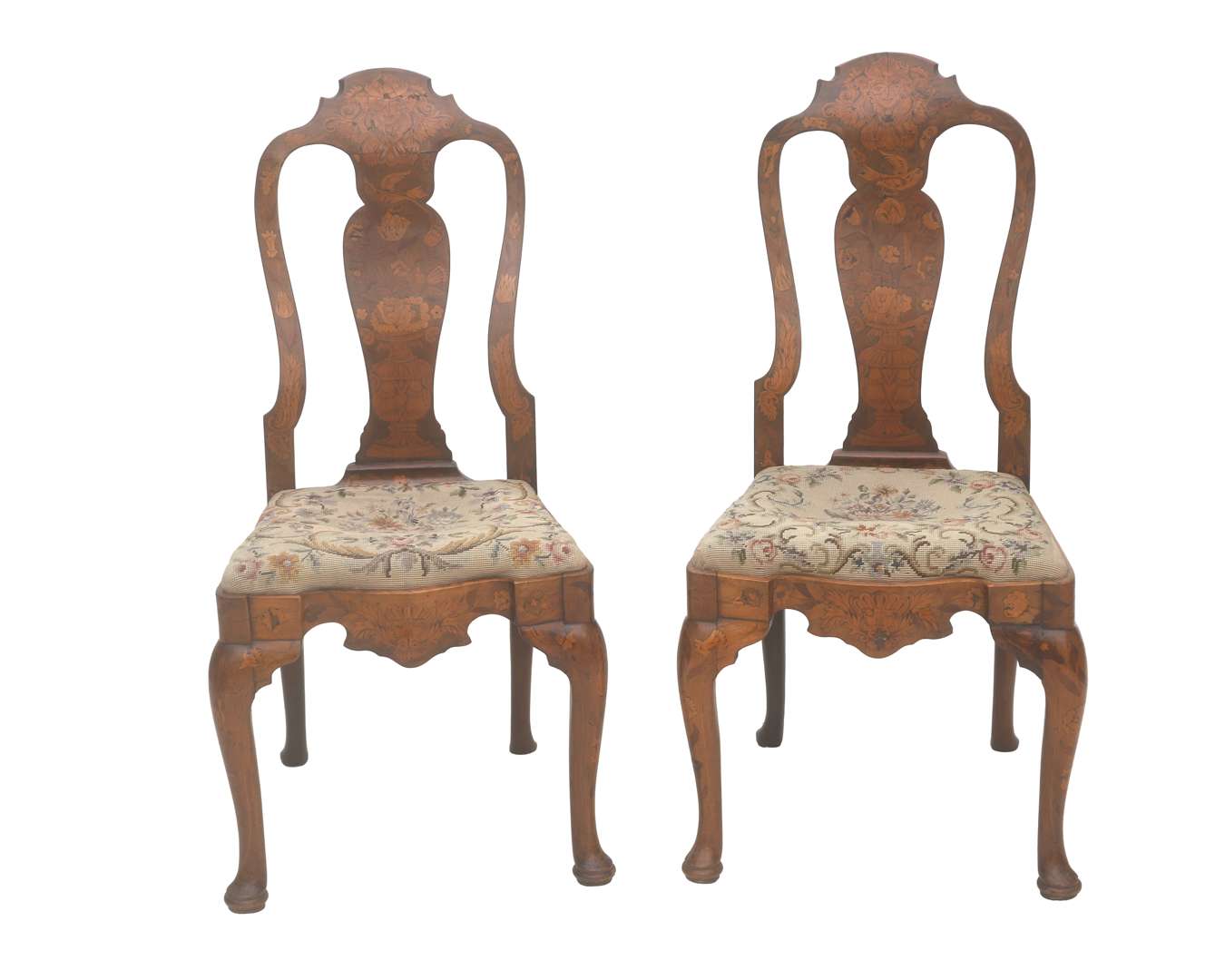 Two fruitwood chairs with marquetry, probably England, 19th century
