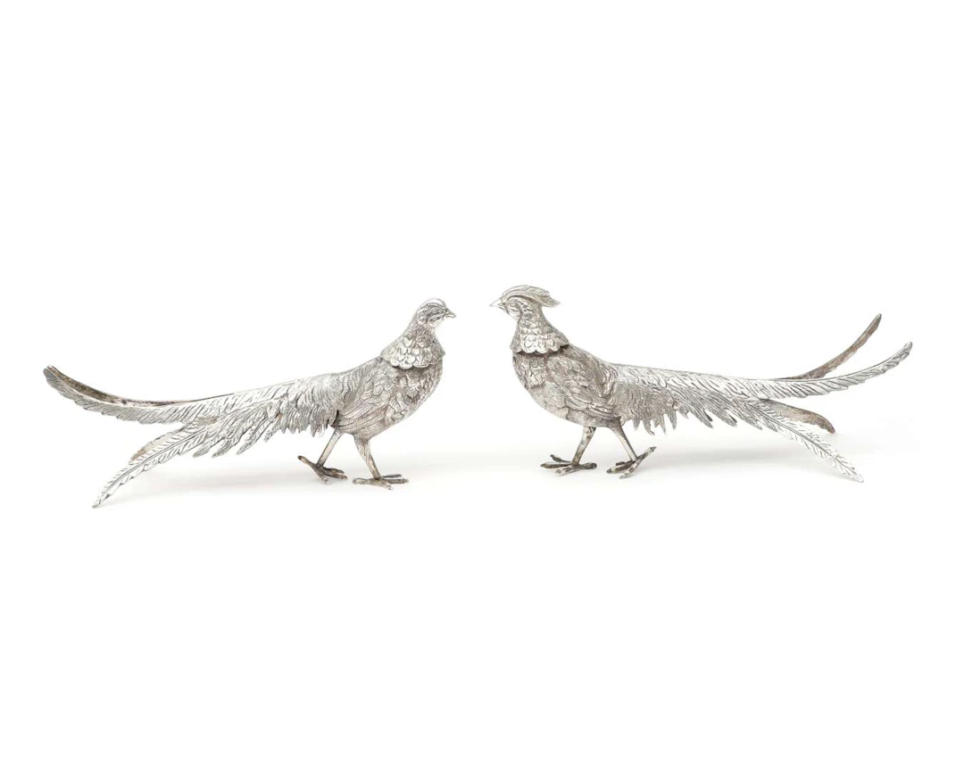 Two silver table pheasants, probably from Italy, 20th century