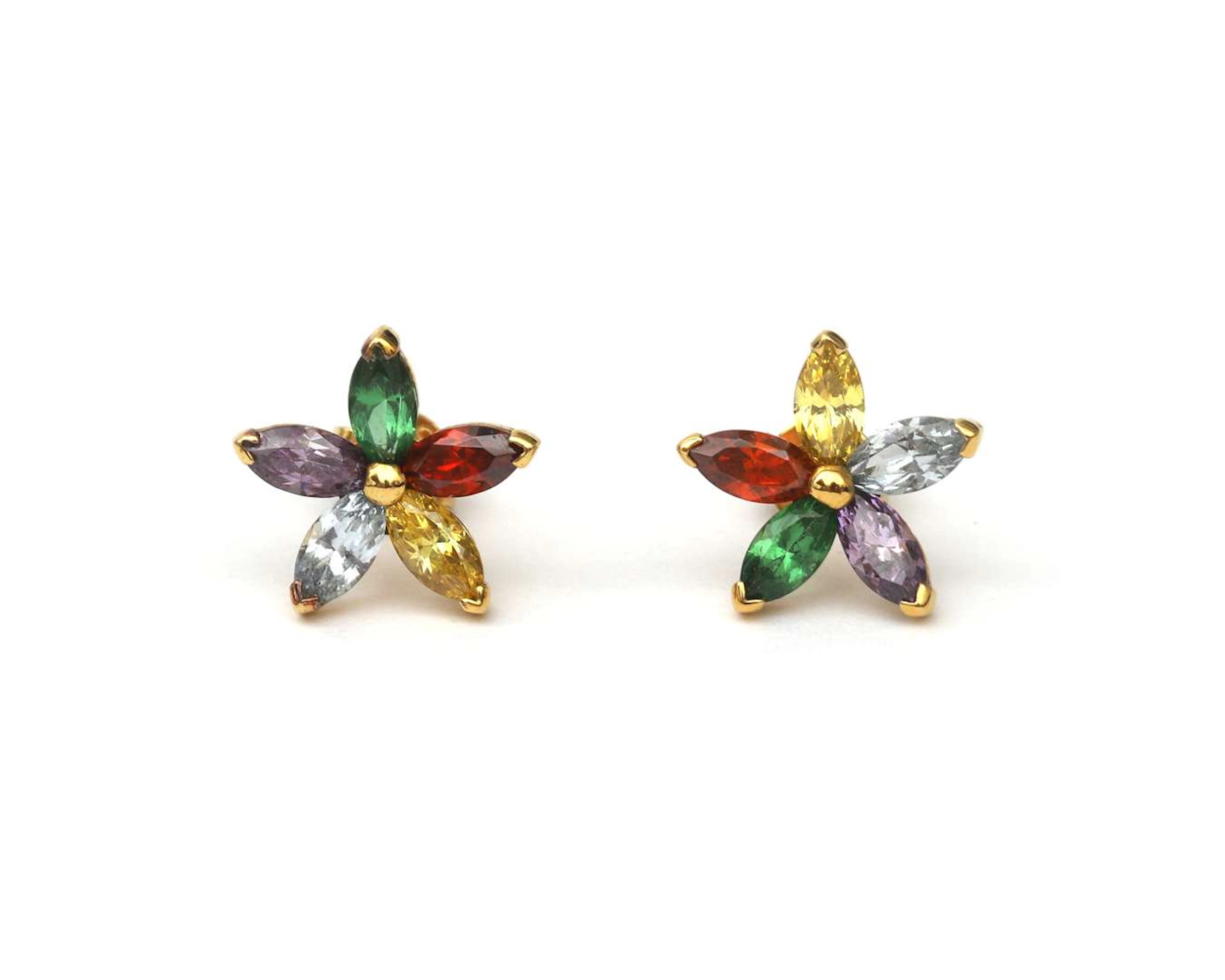 A pair of BWG gold flower stud earrings with coloured stones