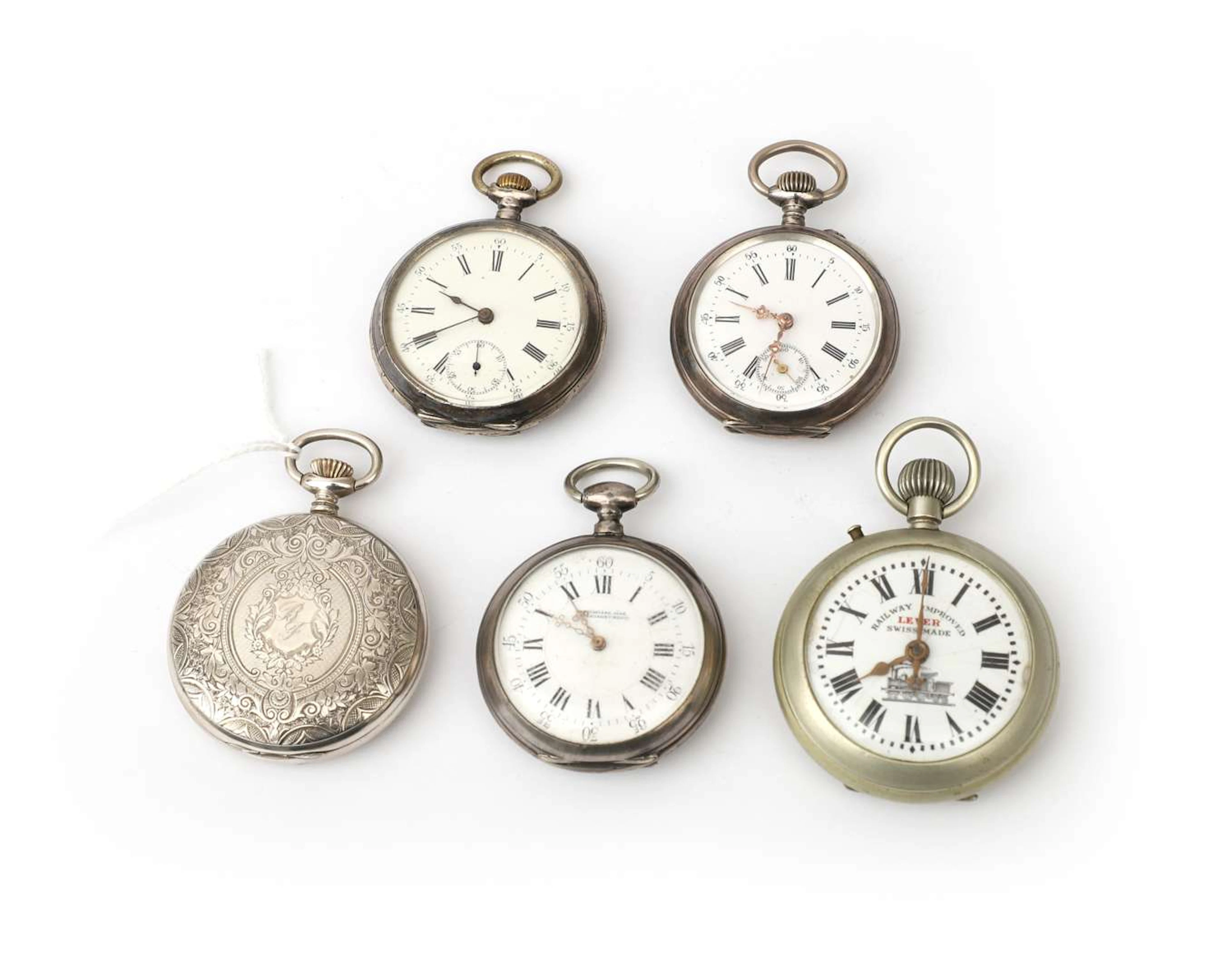 Five pocket watches, four of which have silver cases