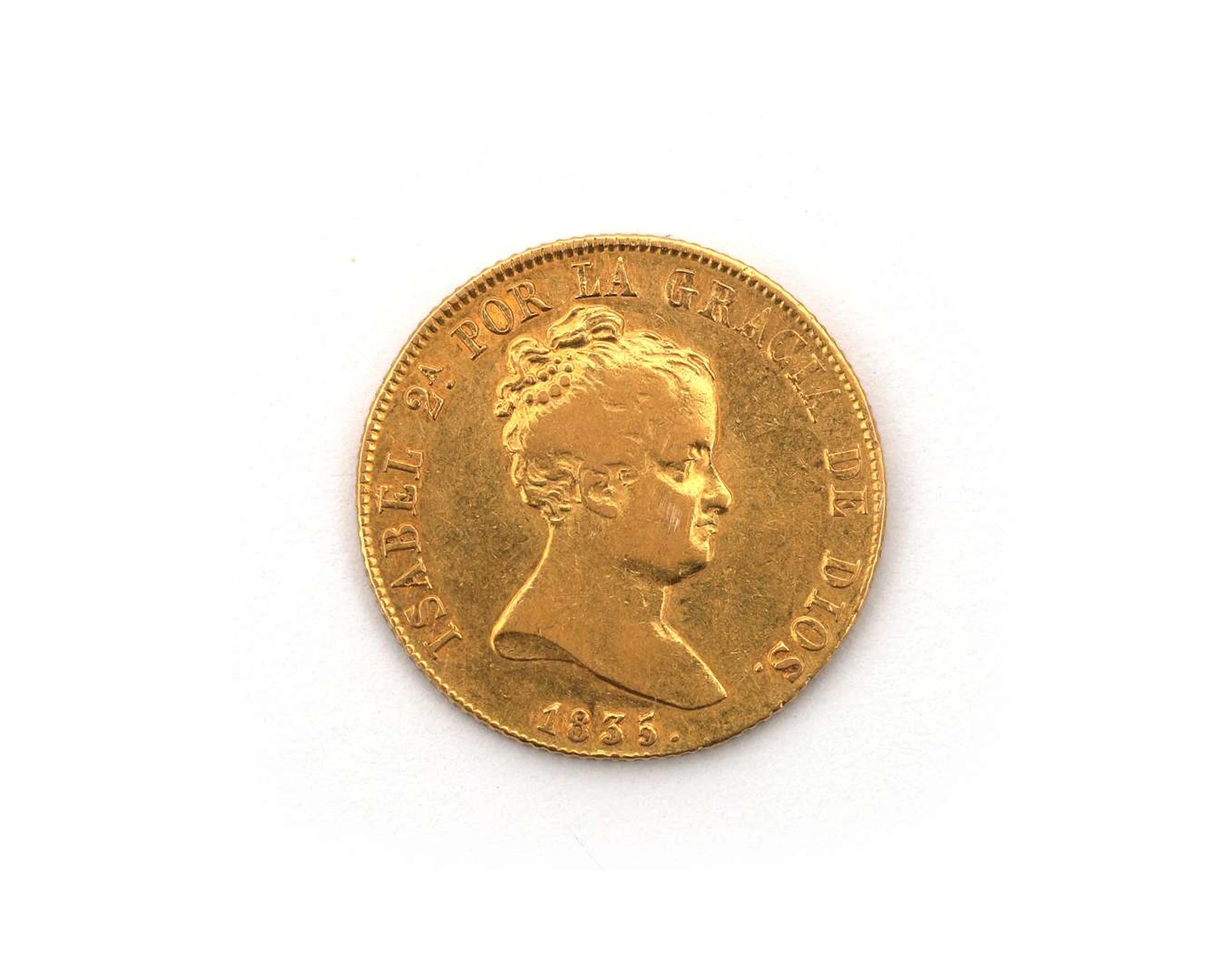 A gold coin. 80 Reales, Isabella II (1930-1904), Spain 1835