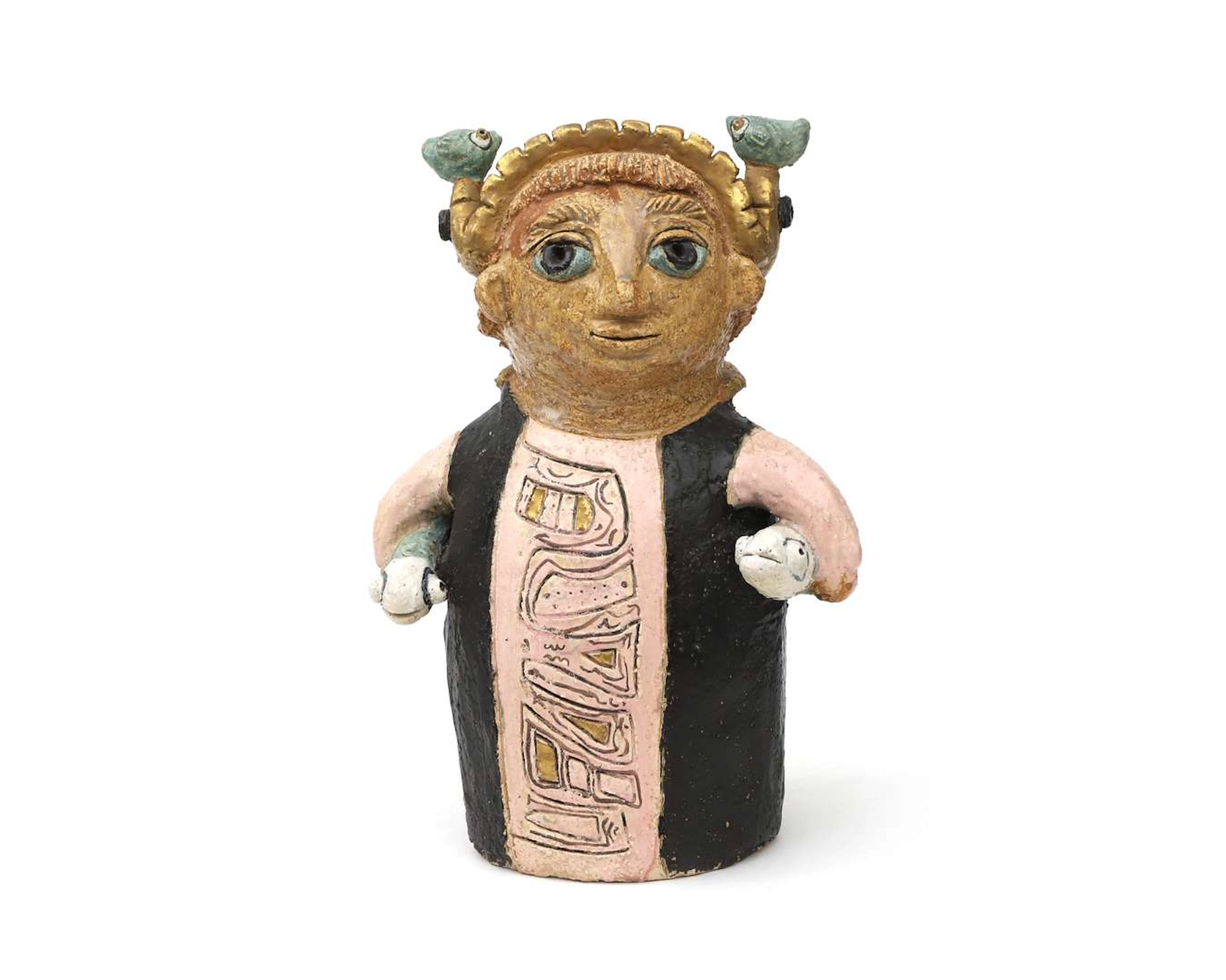 Glazed ceramic sculpture of a woman with a fish, 20th century