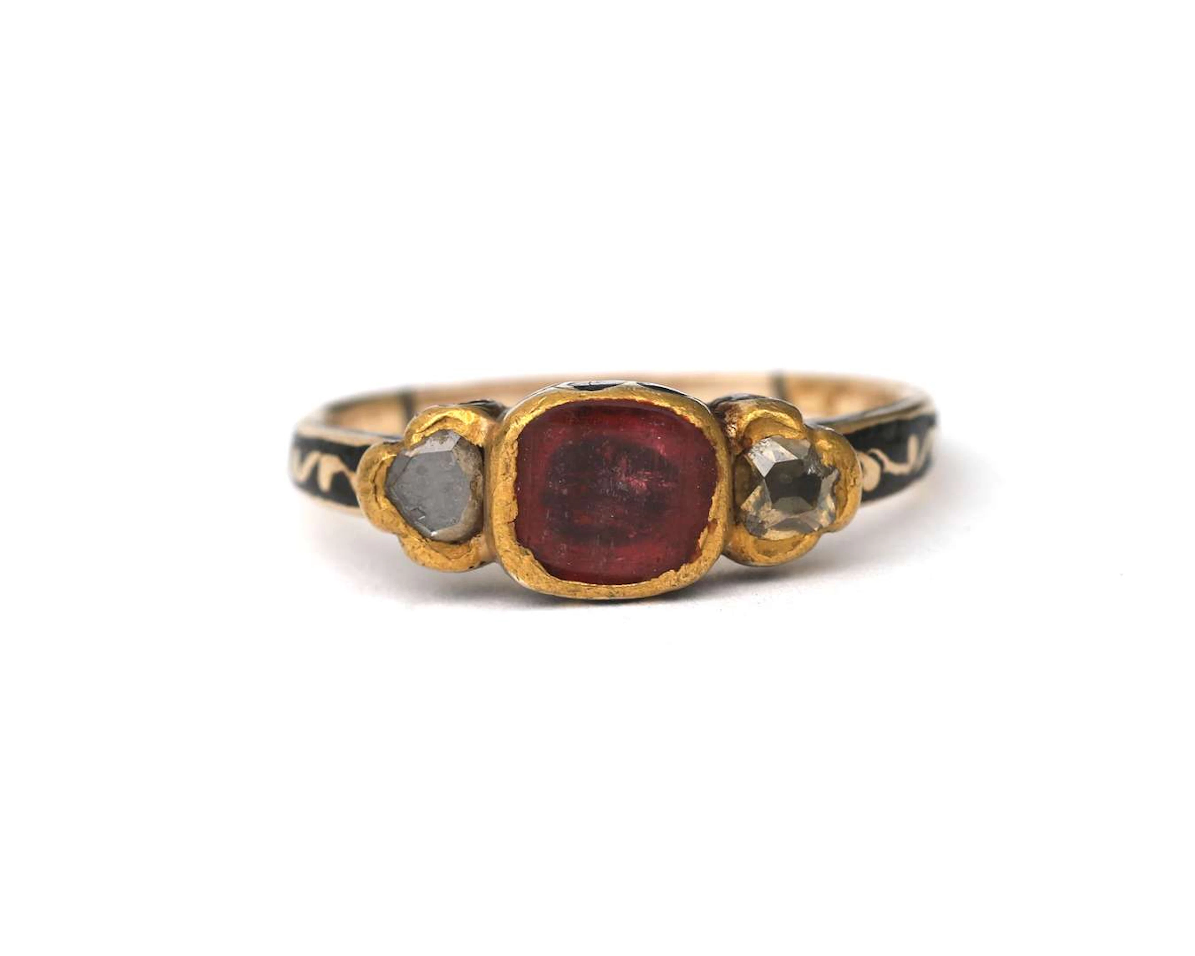 A yellow-gold ring set with tourmaline, diamond and enamel, early 18th century