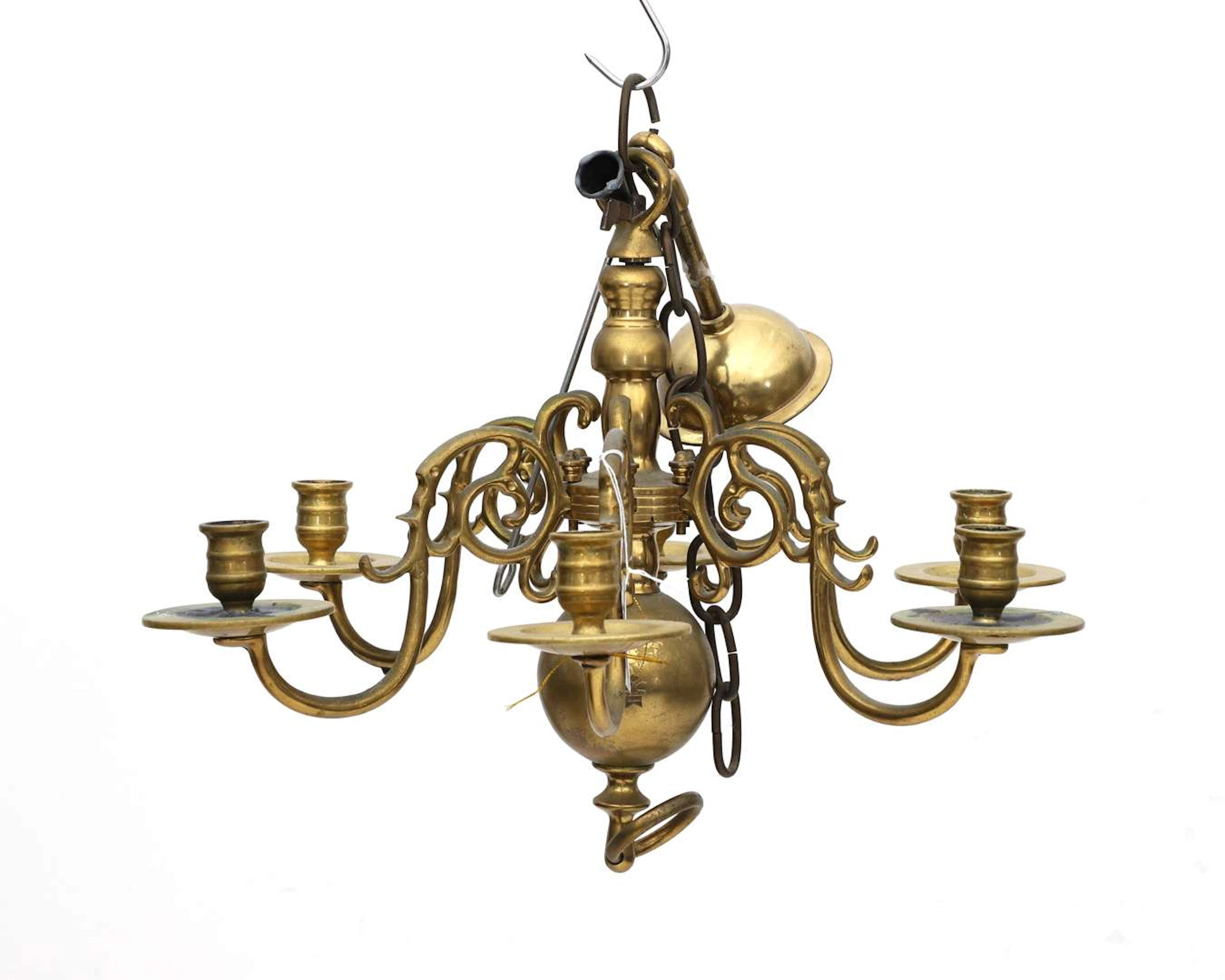 A six-light brass globe-shaped chandelier, the Netherlands, 19th/20th century