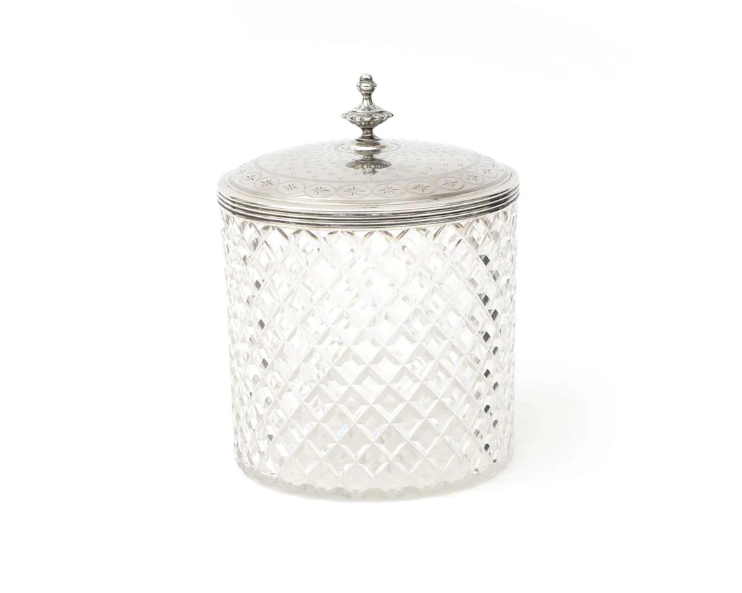 A crystal and silver biscuit tin, Holland, Voorschoten, 1869
